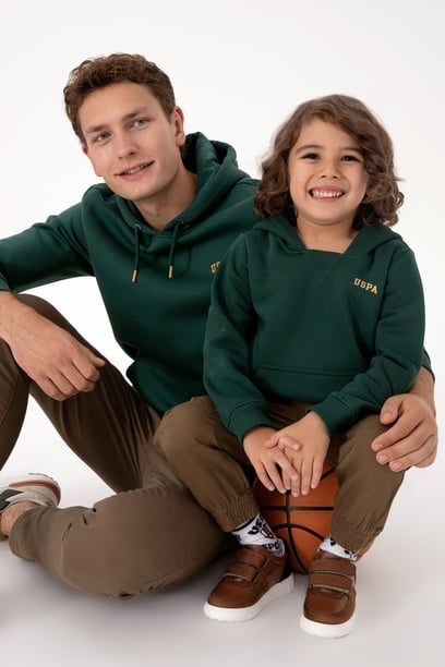 Erkek Çocuk Koyu Yeşil Basic Kapüşonlu Şardonlu Sweatshirt