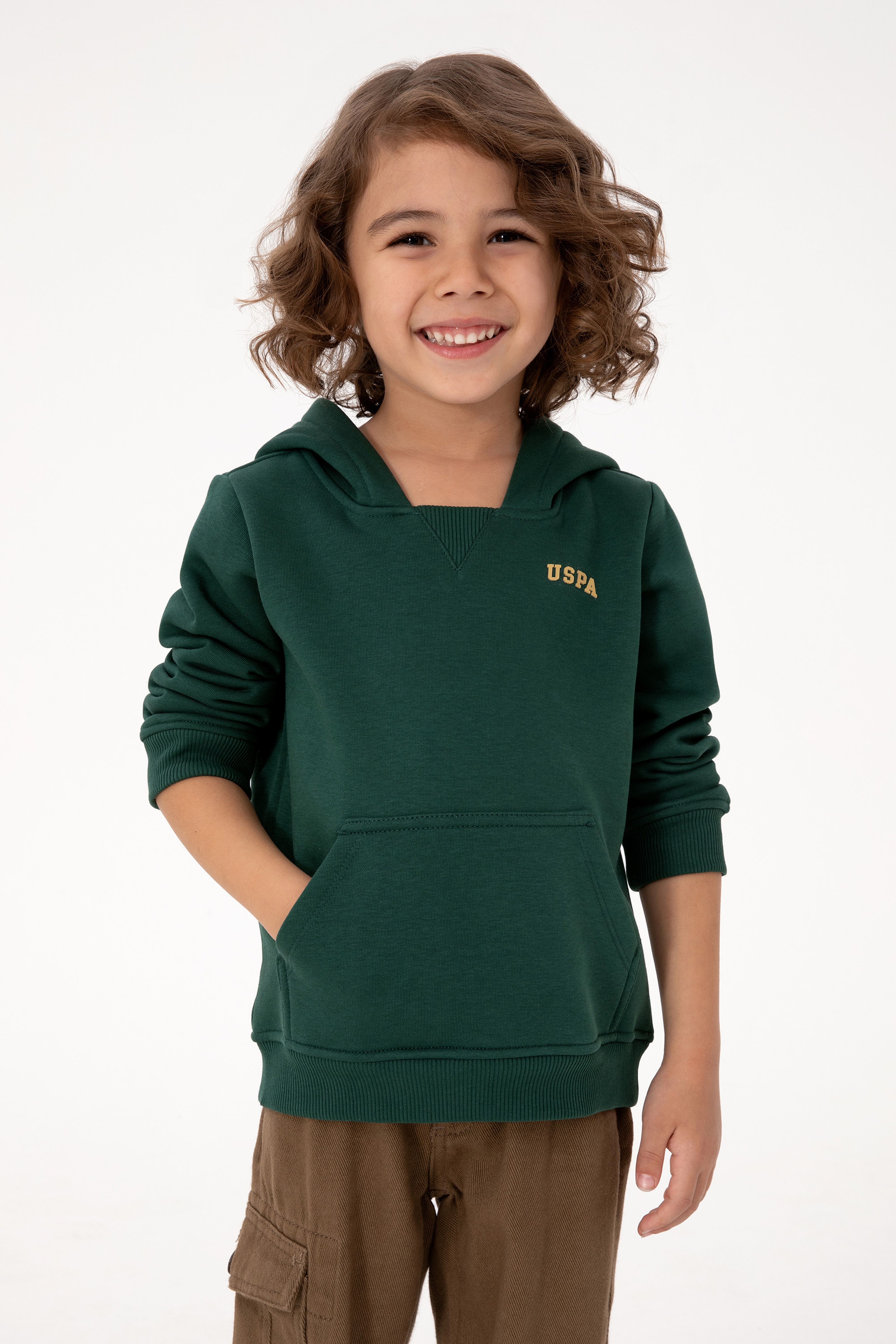 Erkek Çocuk Koyu Yeşil Basic Kapüşonlu Şardonlu Sweatshirt - Image 1