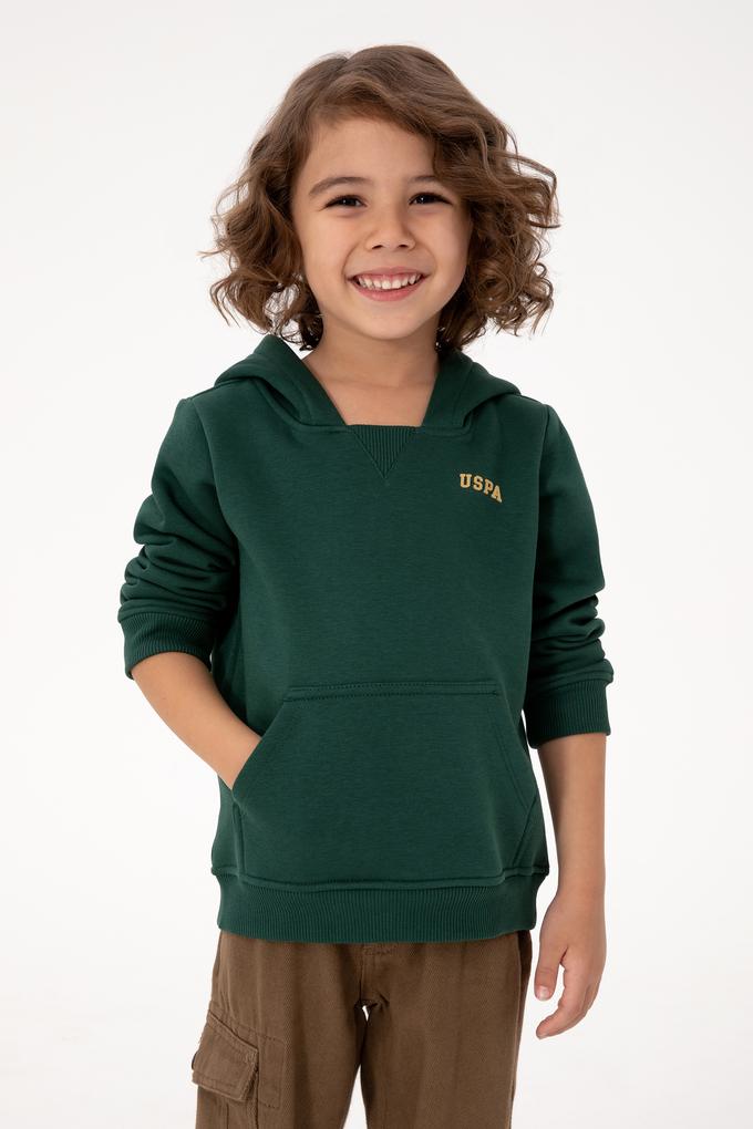 Erkek Çocuk Koyu Yeşil Basic Kapüşonlu Şardonlu Sweatshirt