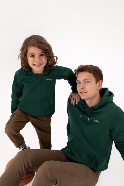 Erkek Regular Fit Kapüşonlu Şardonlu Koyu Yeşil Basic Sweatshirt
