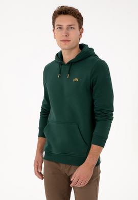 Erkek Regular Fit Kapüşonlu Şardonlu Koyu Yeşil Basic Sweatshirt - 50315582168