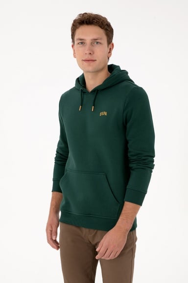 Erkek Regular Fit Kapüşonlu Şardonlu Koyu Yeşil Basic Sweatshirt
