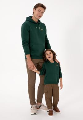 Erkek Regular Fit Kapüşonlu Şardonlu Koyu Yeşil Basic Sweatshirt - 50315582168