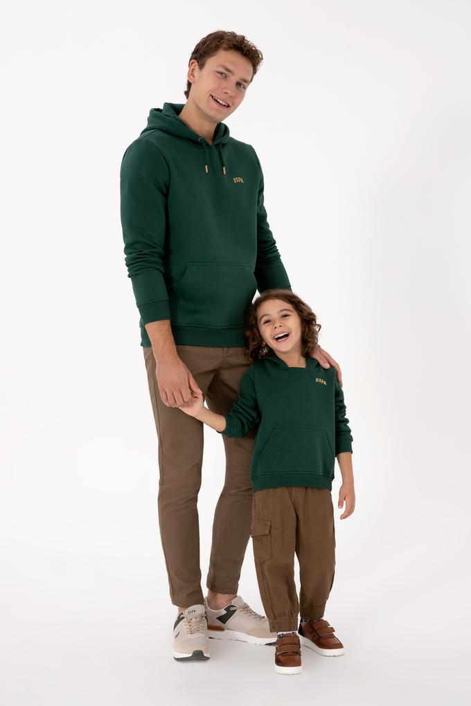 Erkek Regular Fit Kapüşonlu Şardonlu Koyu Yeşil Basic Sweatshirt