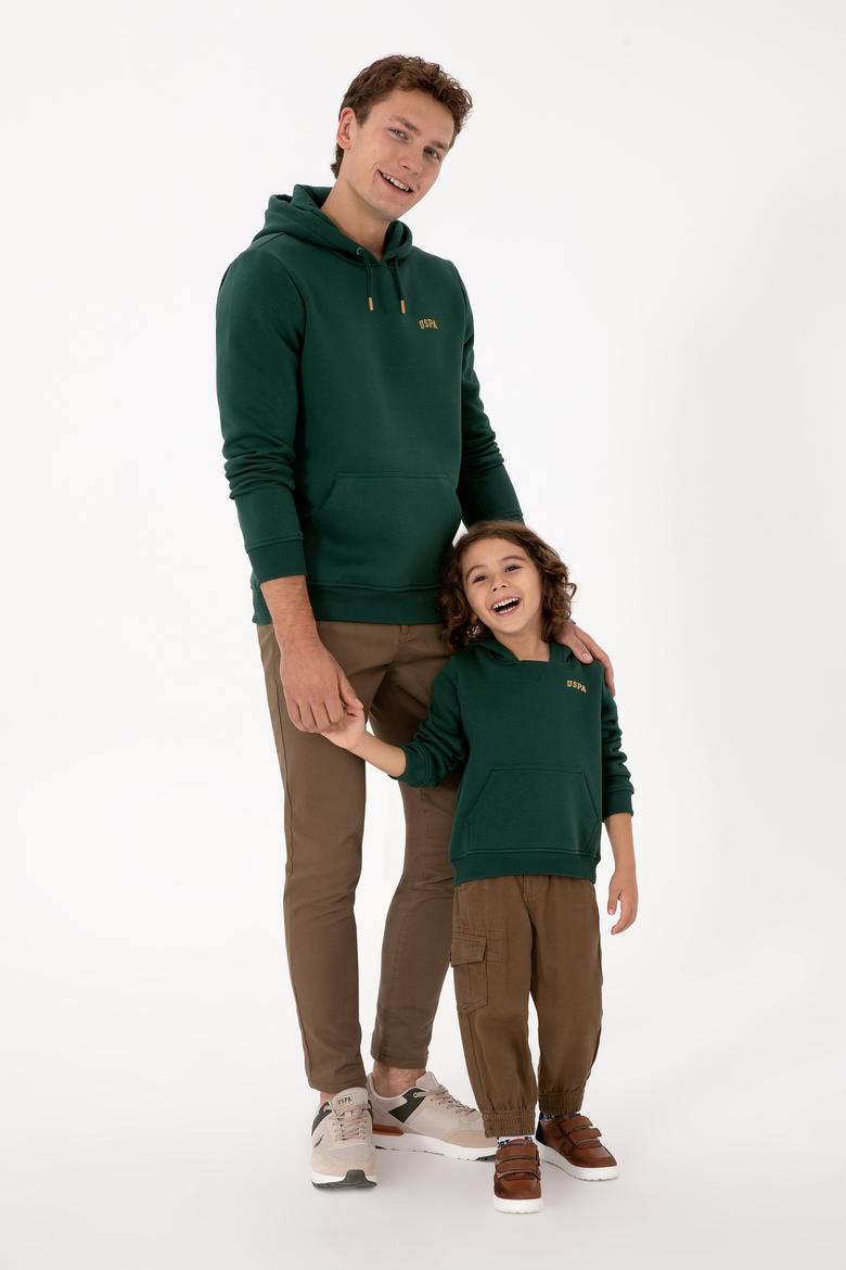 Erkek Regular Fit Kapüşonlu Şardonlu Koyu Yeşil Basic Sweatshirt