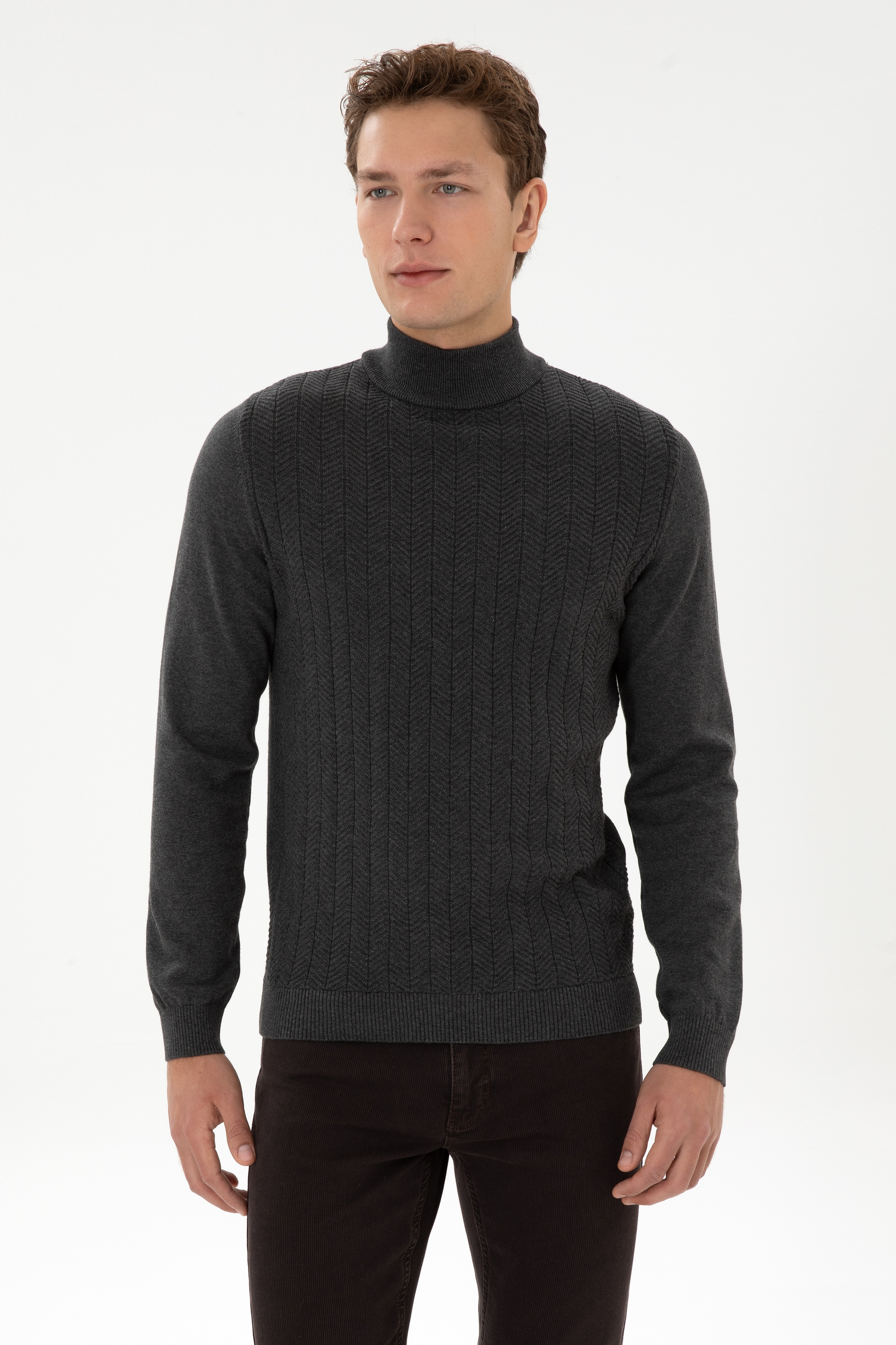 Erkek Slim Fit Yarım Balıkçı Yaka Antrasit Melanj Kazak