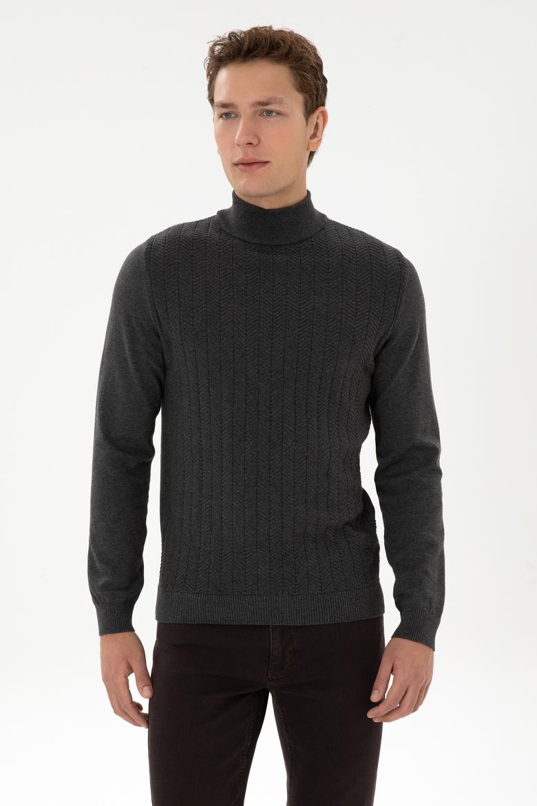 Erkek Slim Fit Yarım Balıkçı Yaka Antrasit Melanj Kazak