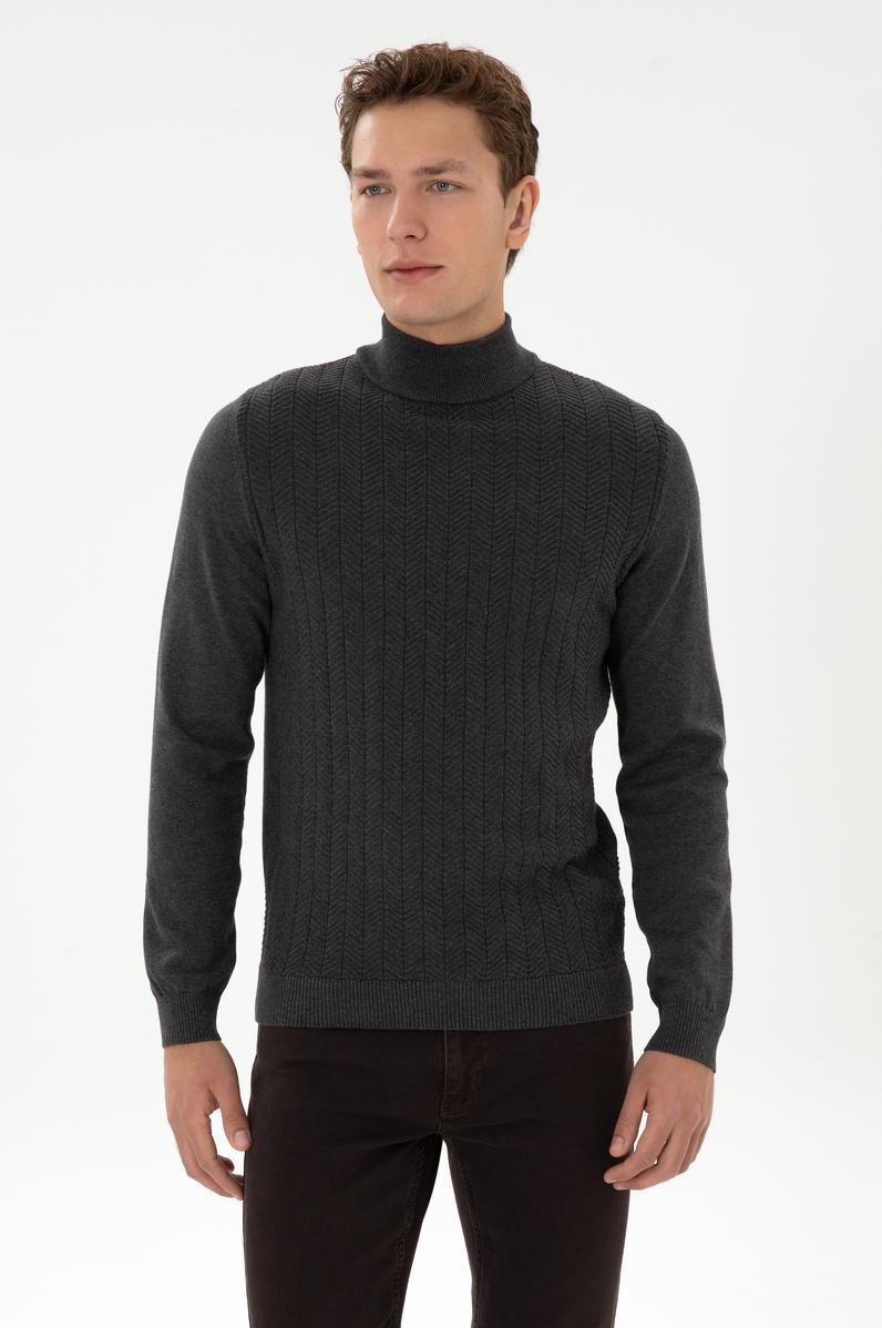 Erkek Slim Fit Yarım Balıkçı Yaka Antrasit Melanj Kazak