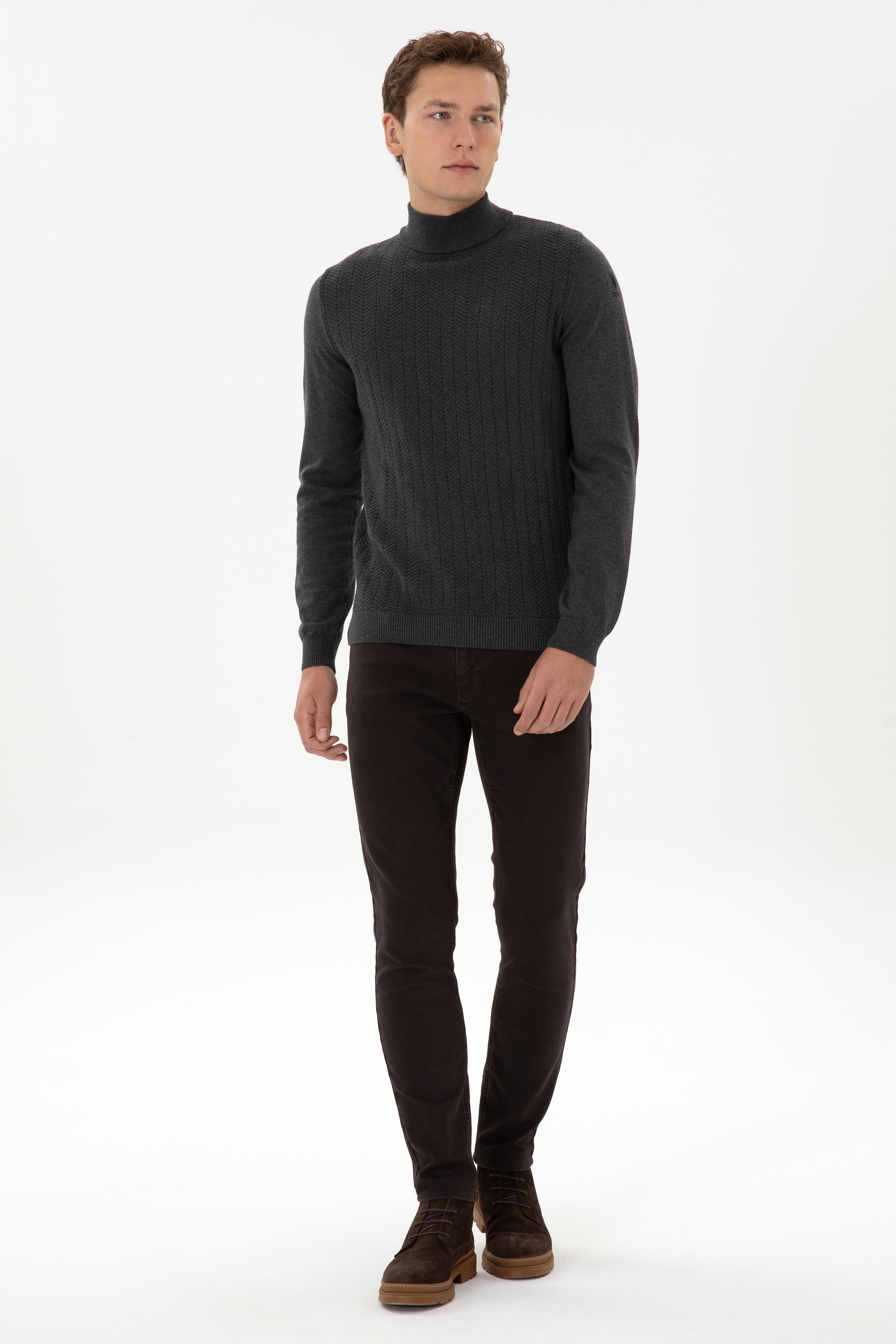 Erkek Slim Fit Yarım Balıkçı Yaka Antrasit Melanj Kazak