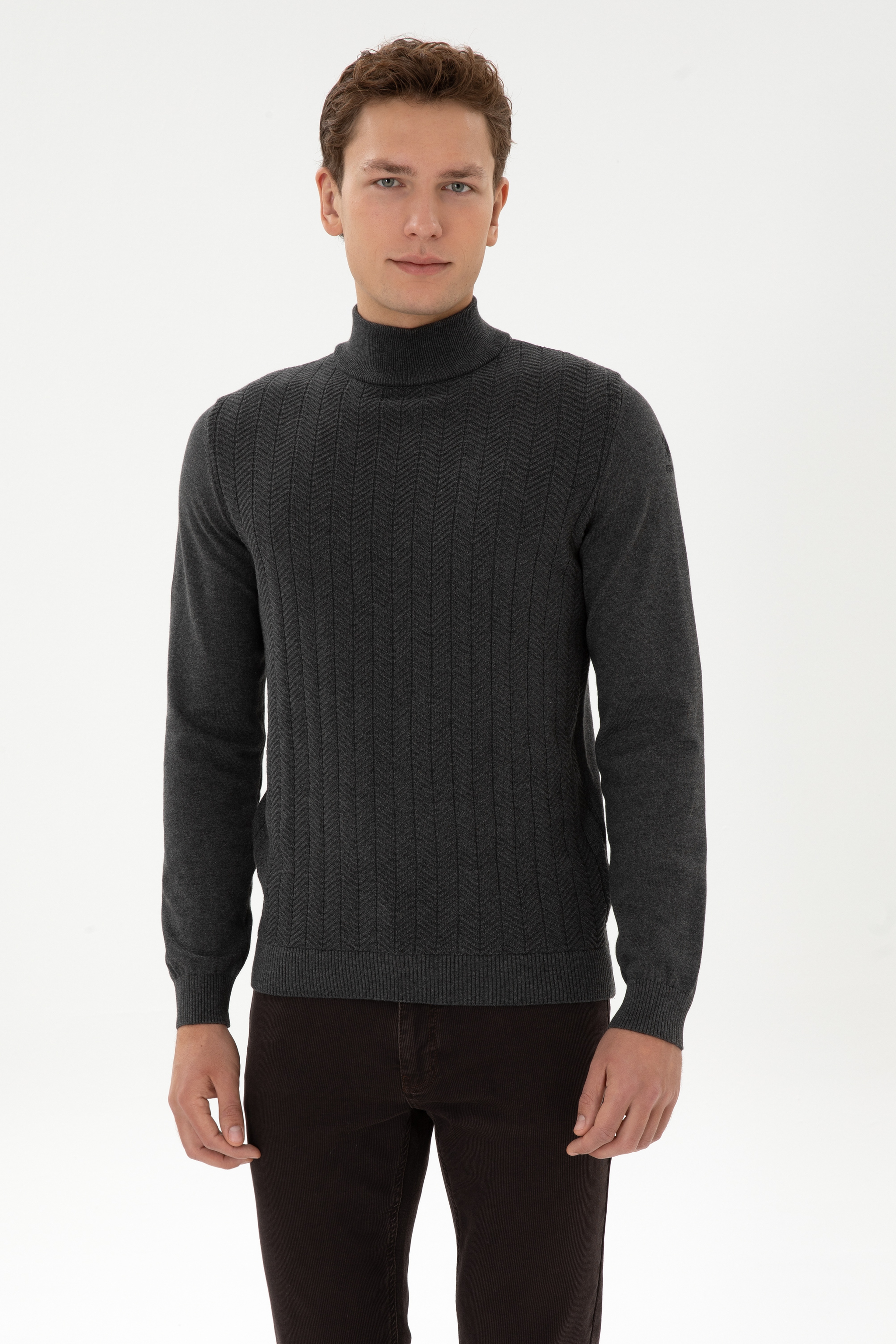 Erkek Slim Fit Yarım Balıkçı Yaka Antrasit Melanj Kazak - Image 3
