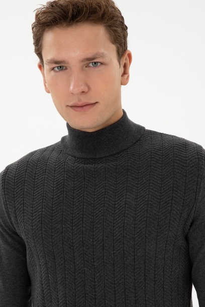 Erkek Slim Fit Yarım Balıkçı Yaka Antrasit Melanj Kazak