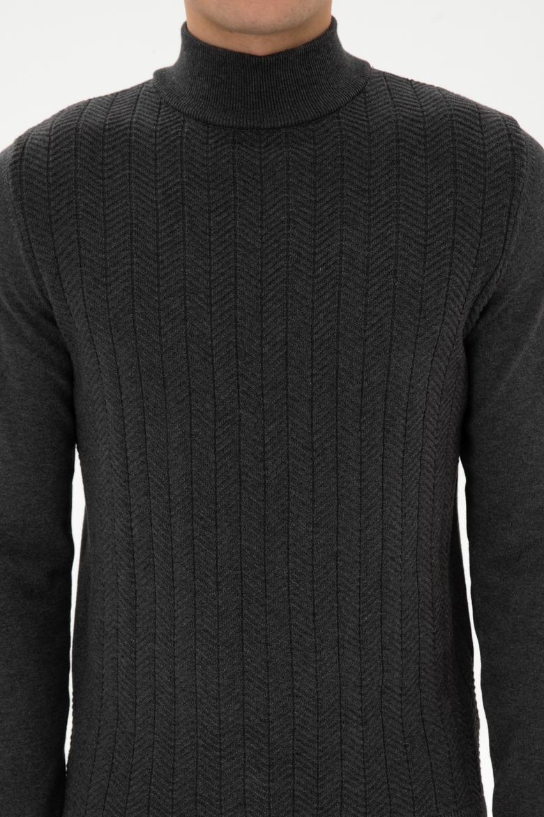 Erkek Slim Fit Yarım Balıkçı Yaka Antrasit Melanj Kazak - 50309140015