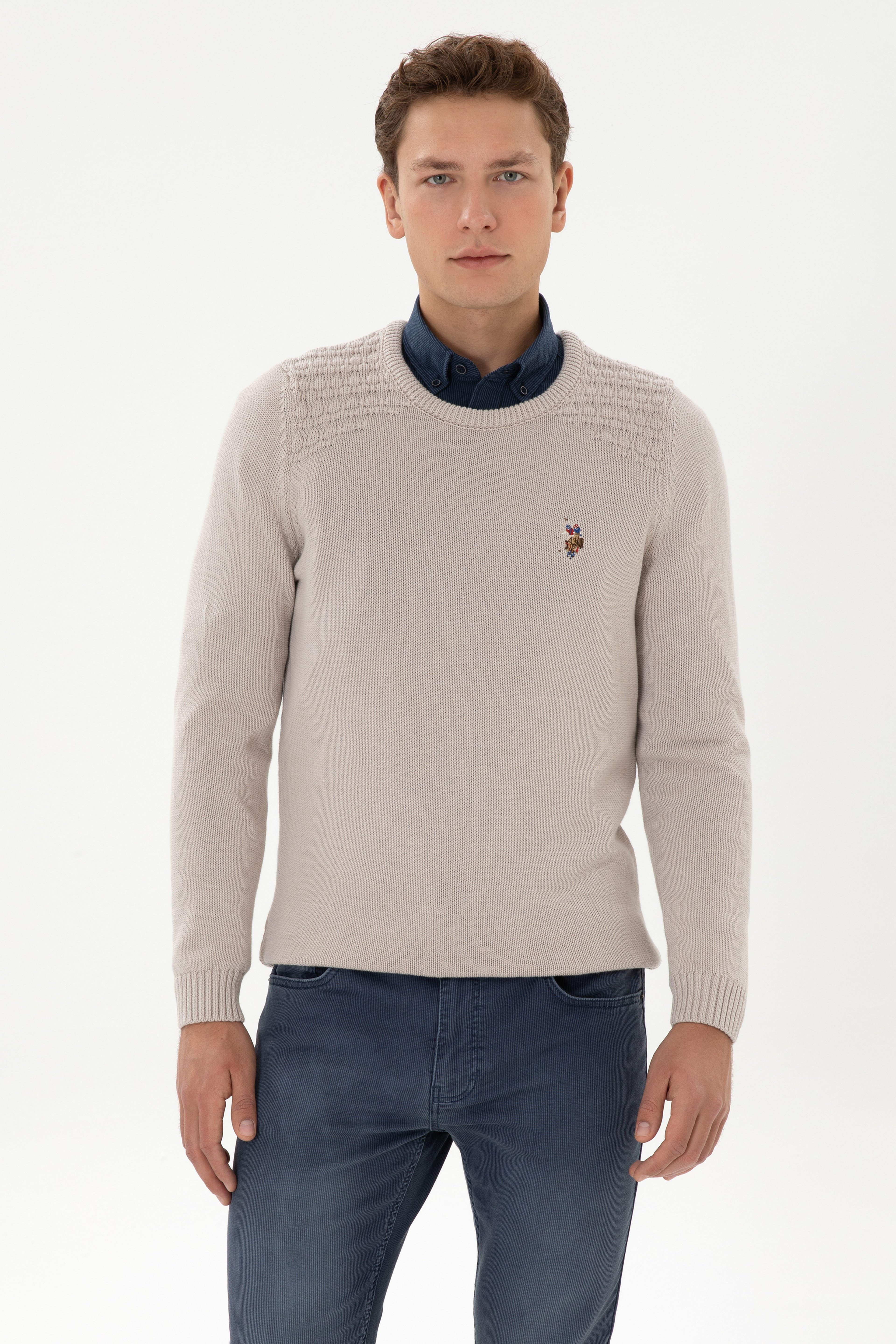 Erkek Slim Fit Bisiklet Yaka Taş Kazak