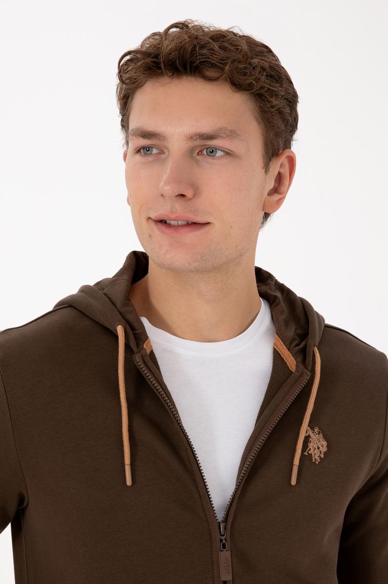 Erkek Regular Fit Fermuarlı Kapüşonlu Kahverengi Örme Hırka