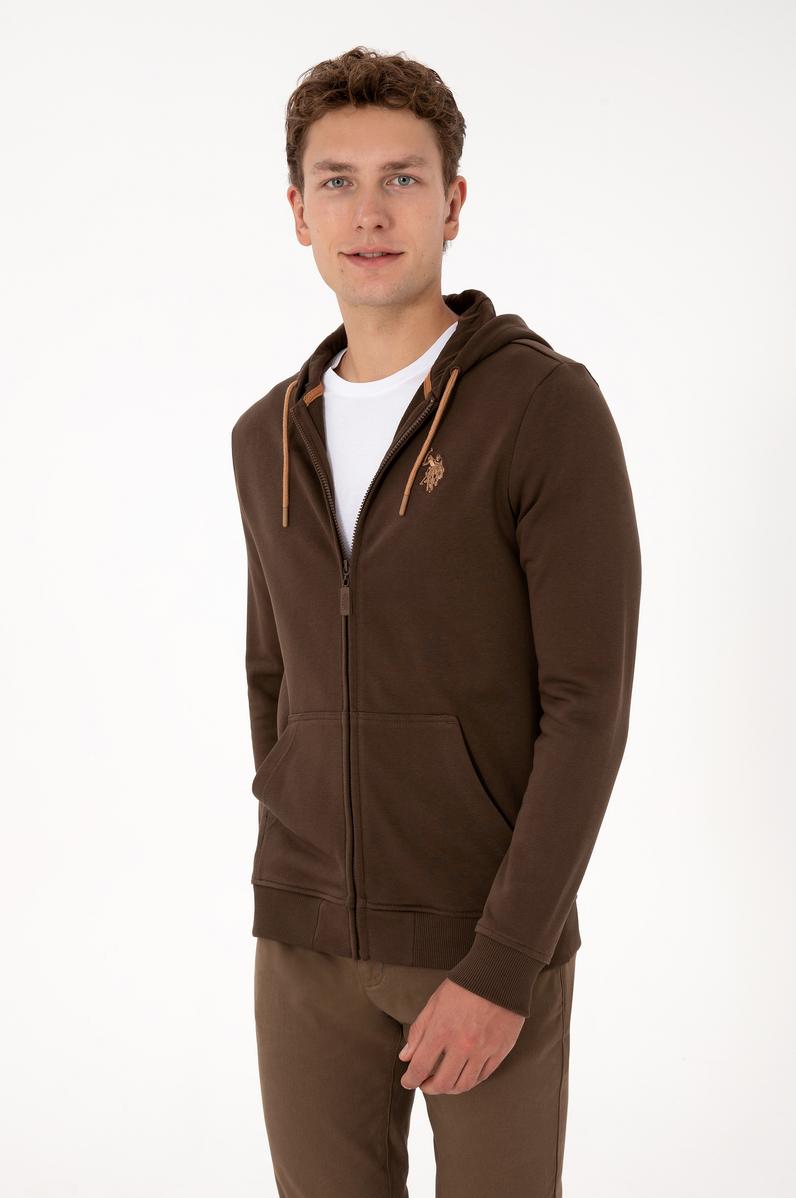 Erkek Regular Fit Fermuarlı Kapüşonlu Kahverengi Örme Hırka