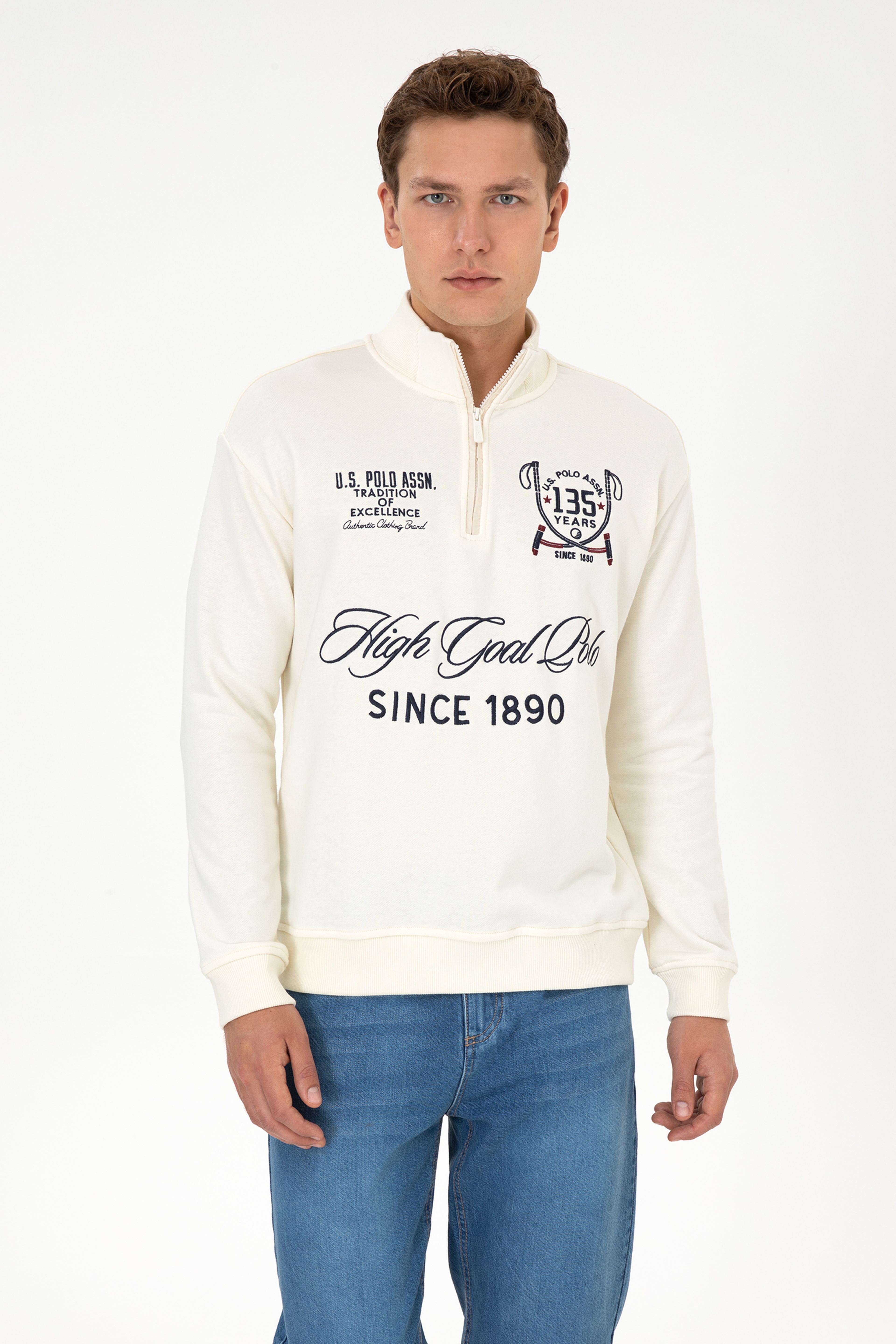 Erkek Comfort Fit Yarım Fermuarlı Krem Sweatshirt - Image 1