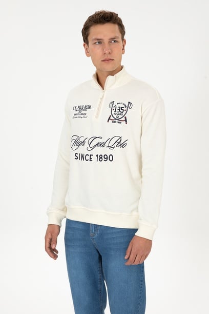Erkek Comfort Fit Yarım Fermuarlı Krem Sweatshirt