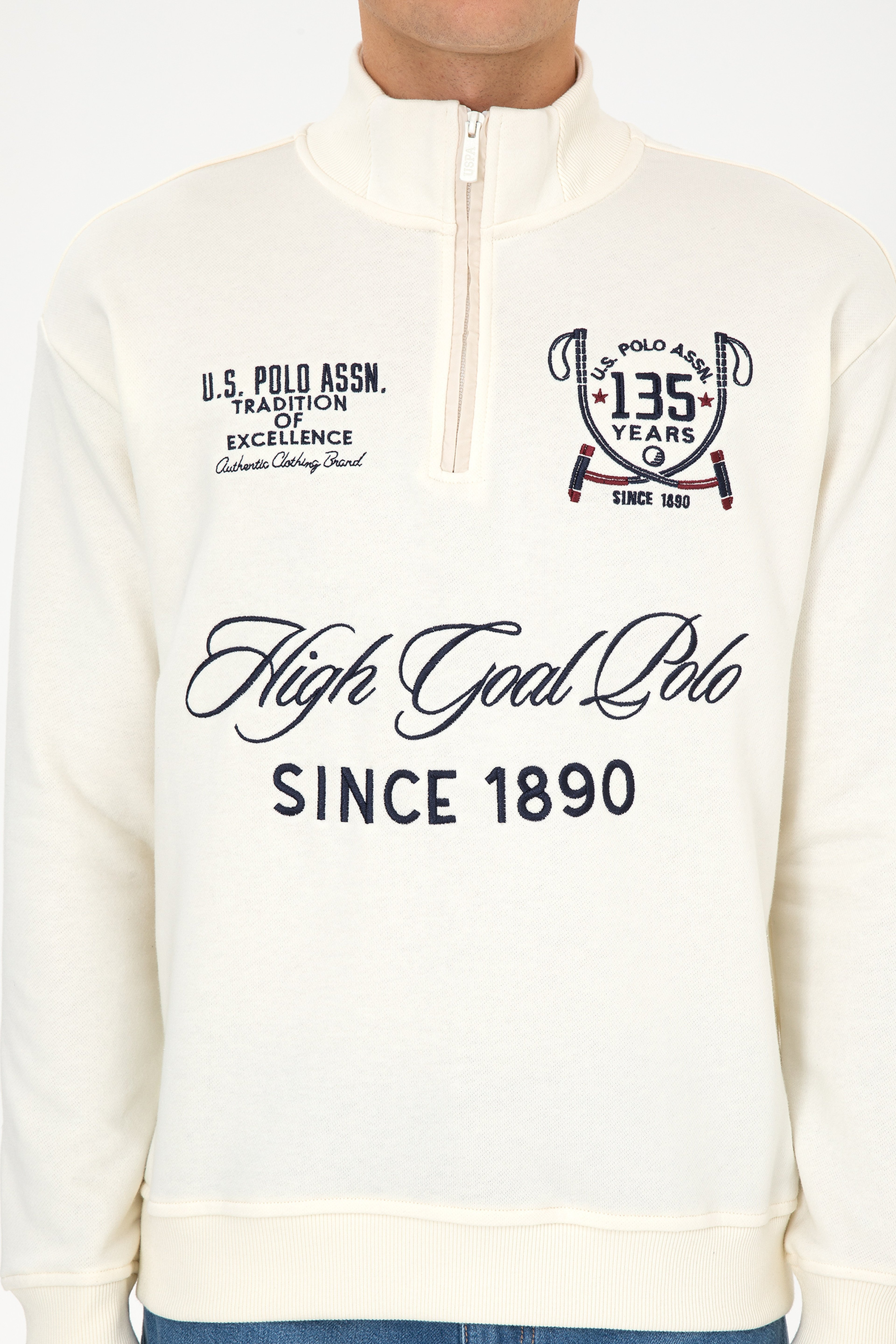 Erkek Comfort Fit Yarım Fermuarlı Krem Sweatshirt