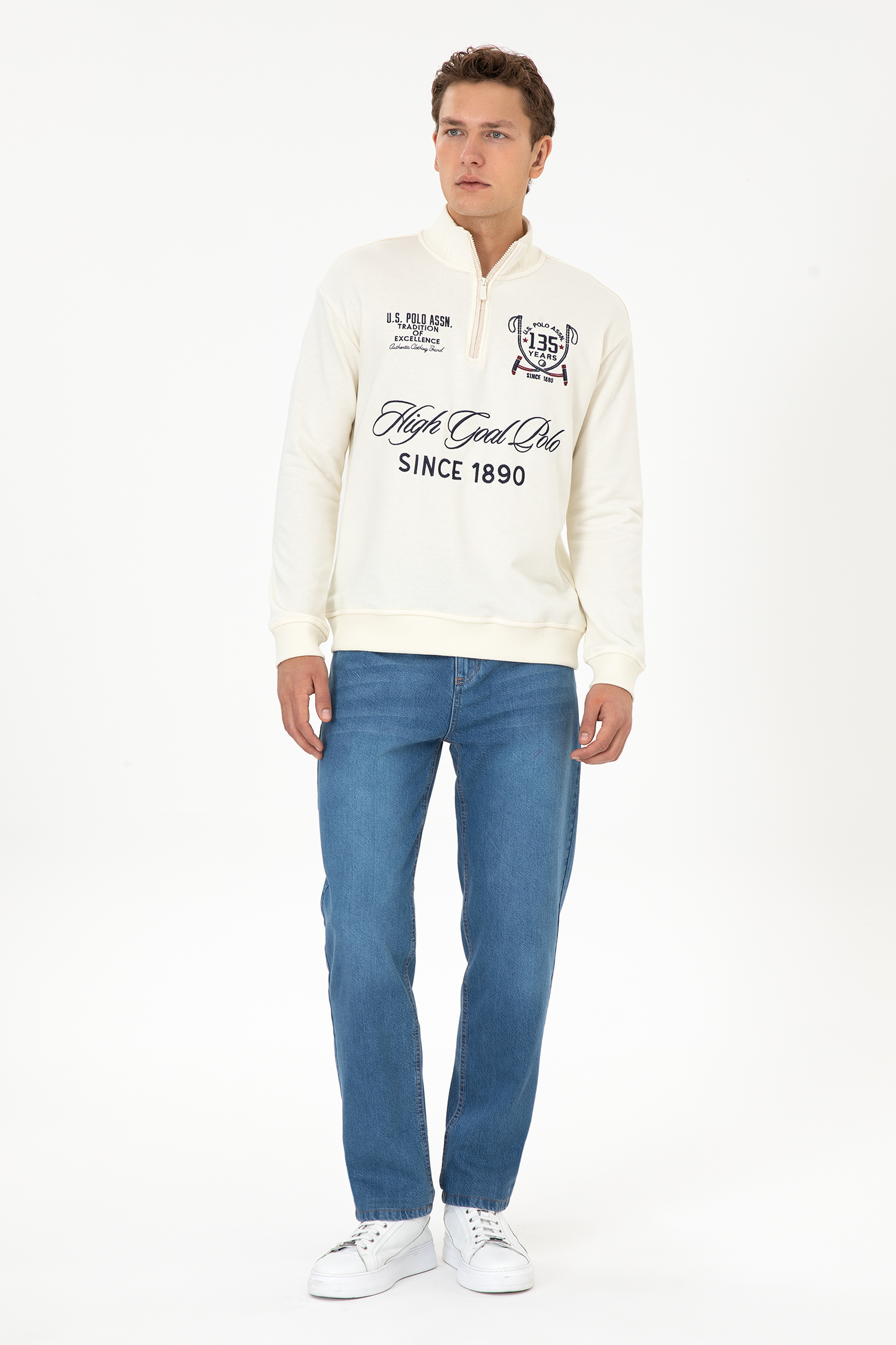 Erkek Comfort Fit Yarım Fermuarlı Krem Sweatshirt
