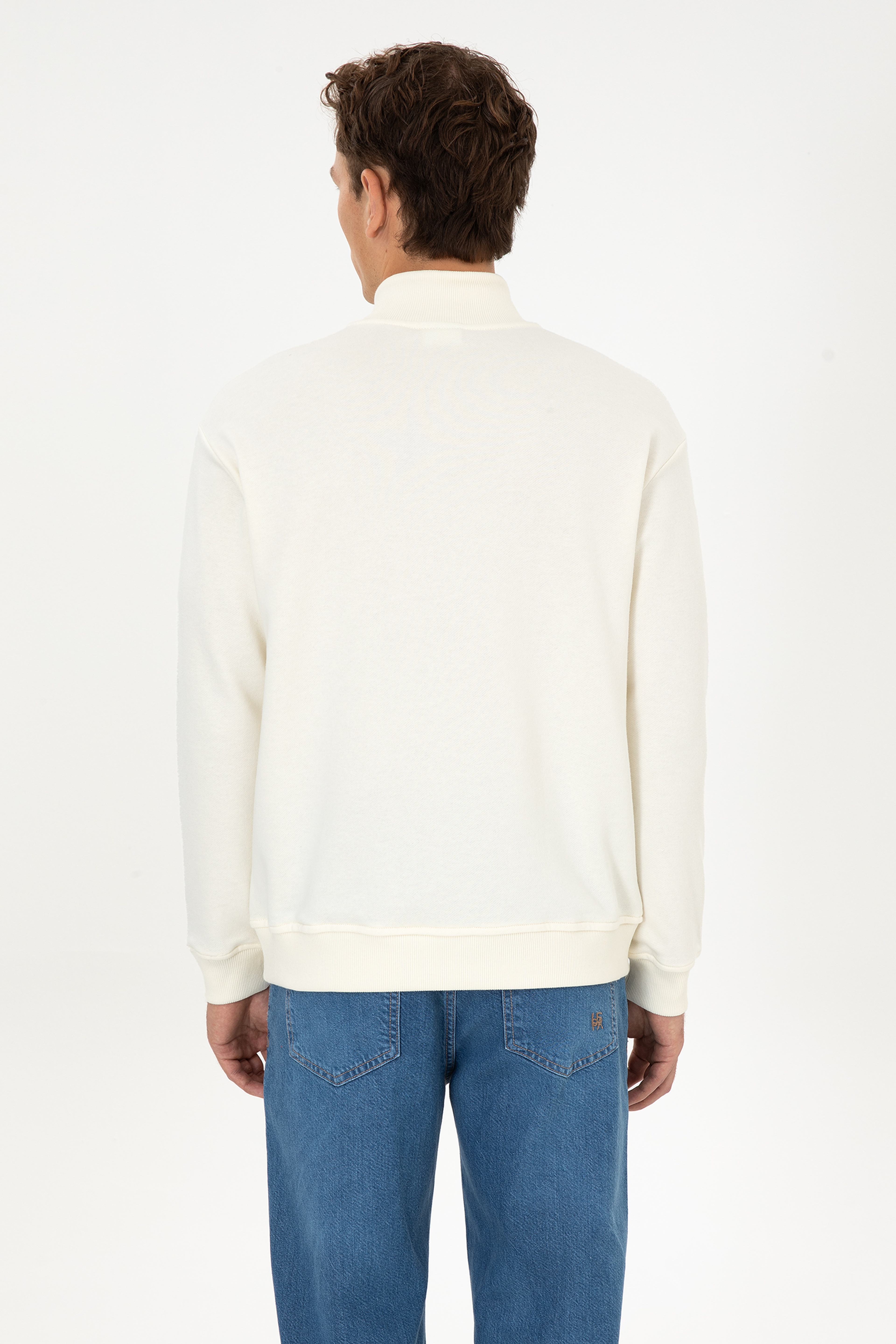 Erkek Comfort Fit Yarım Fermuarlı Krem Sweatshirt