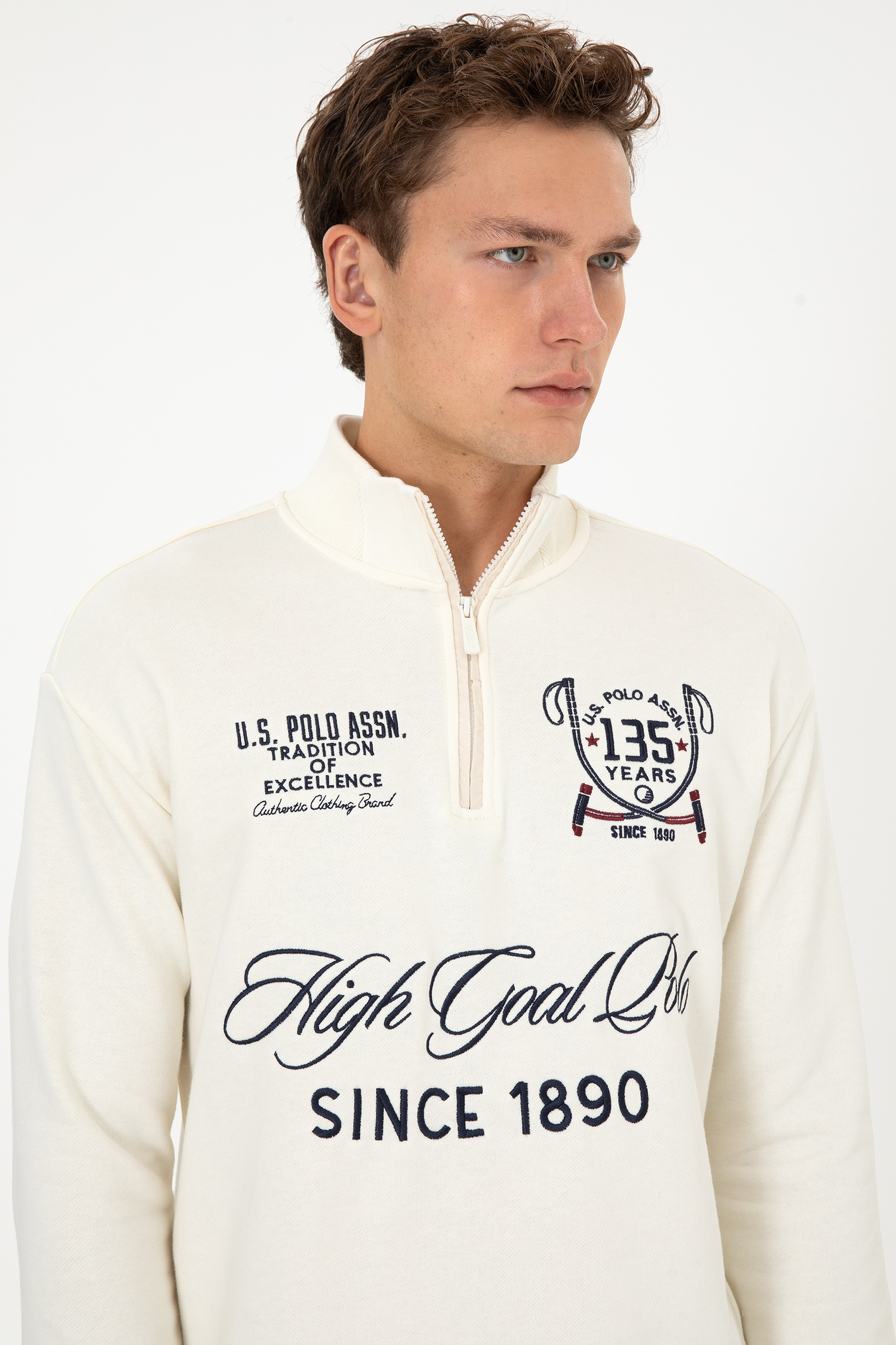 Erkek Comfort Fit Yarım Fermuarlı Krem Sweatshirt - Image 2