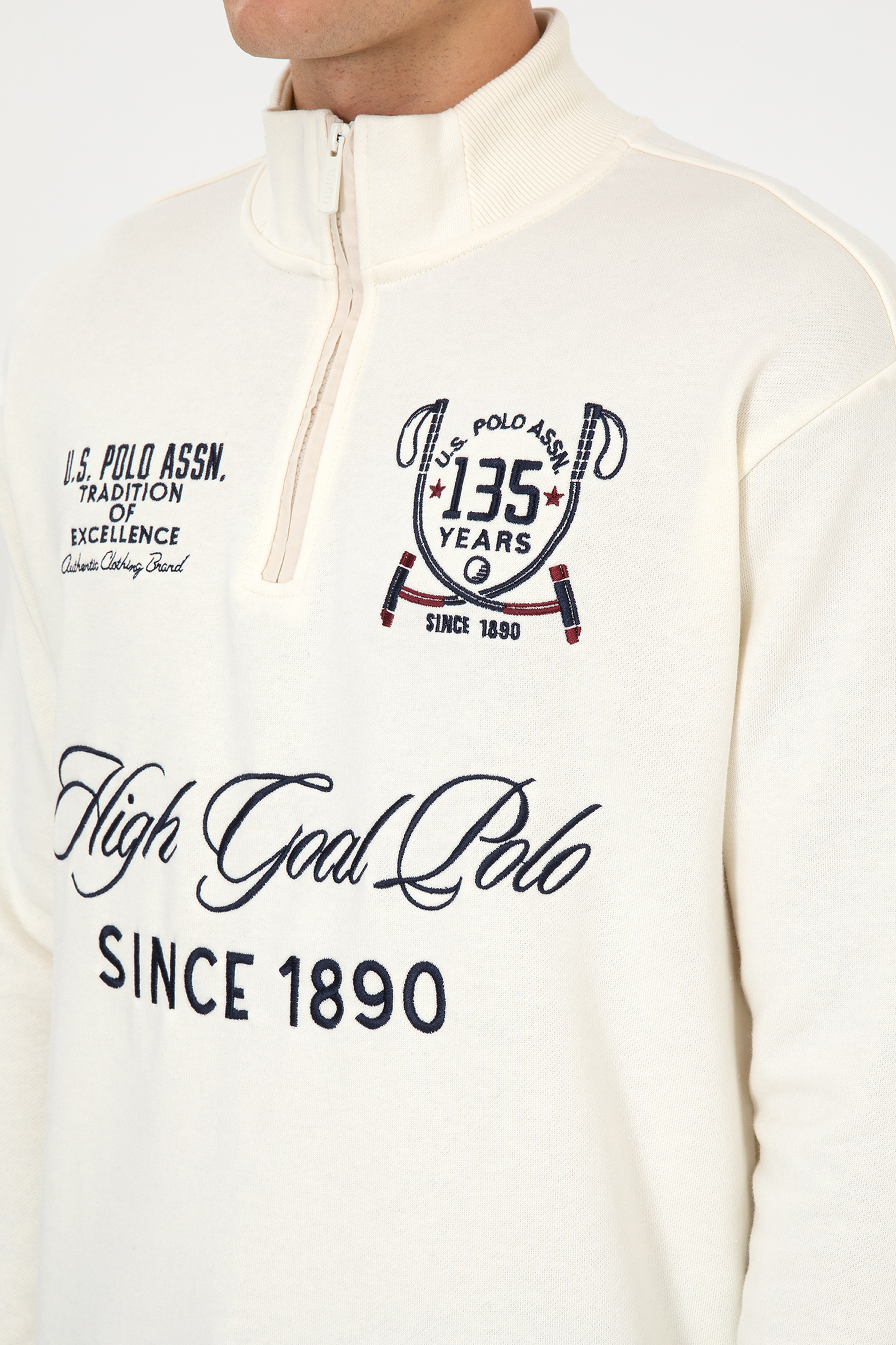 Erkek Comfort Fit Yarım Fermuarlı Krem Sweatshirt
