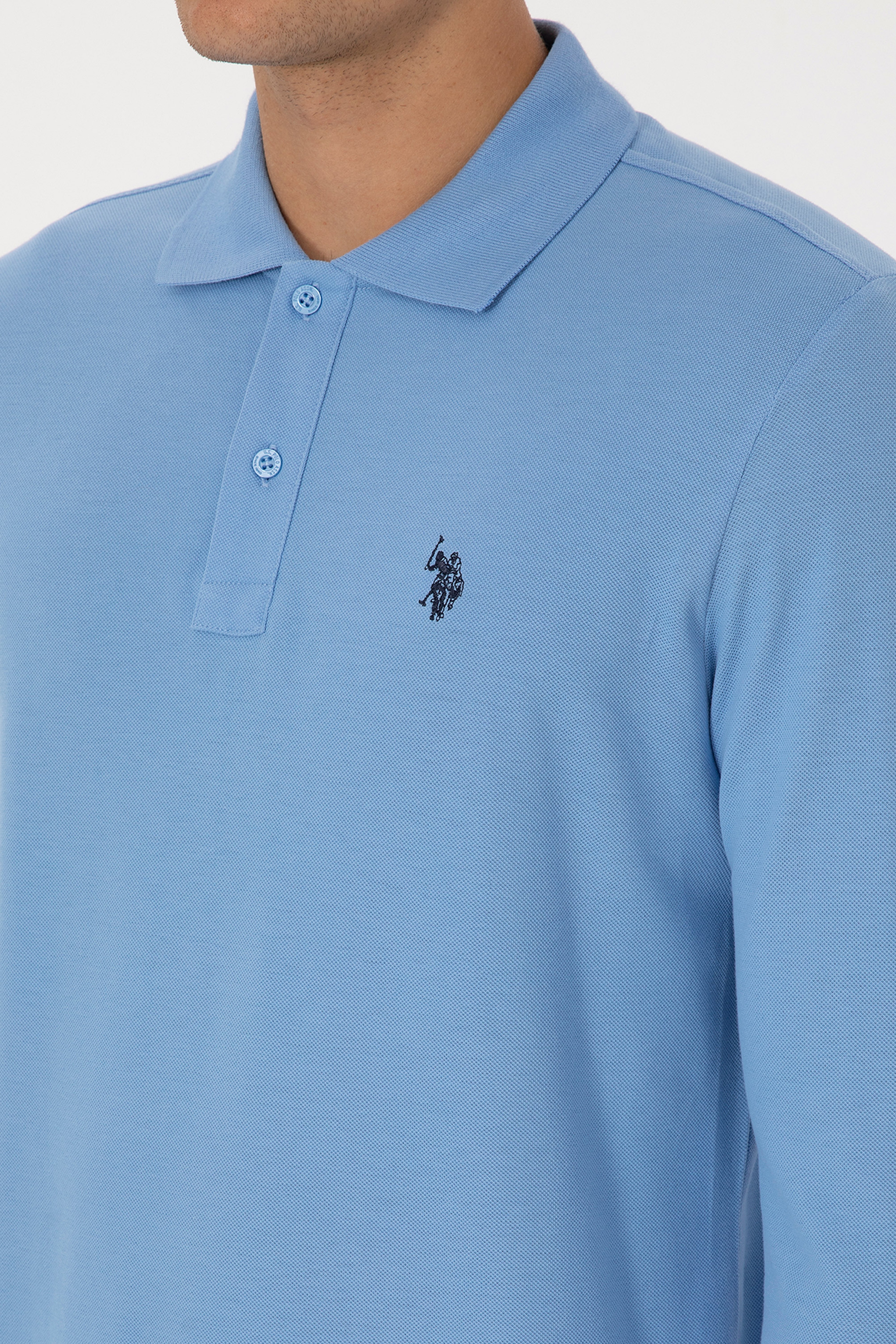 Erkek Regular Fit Polo Yaka Açık Mavi Basic Sweatshirt