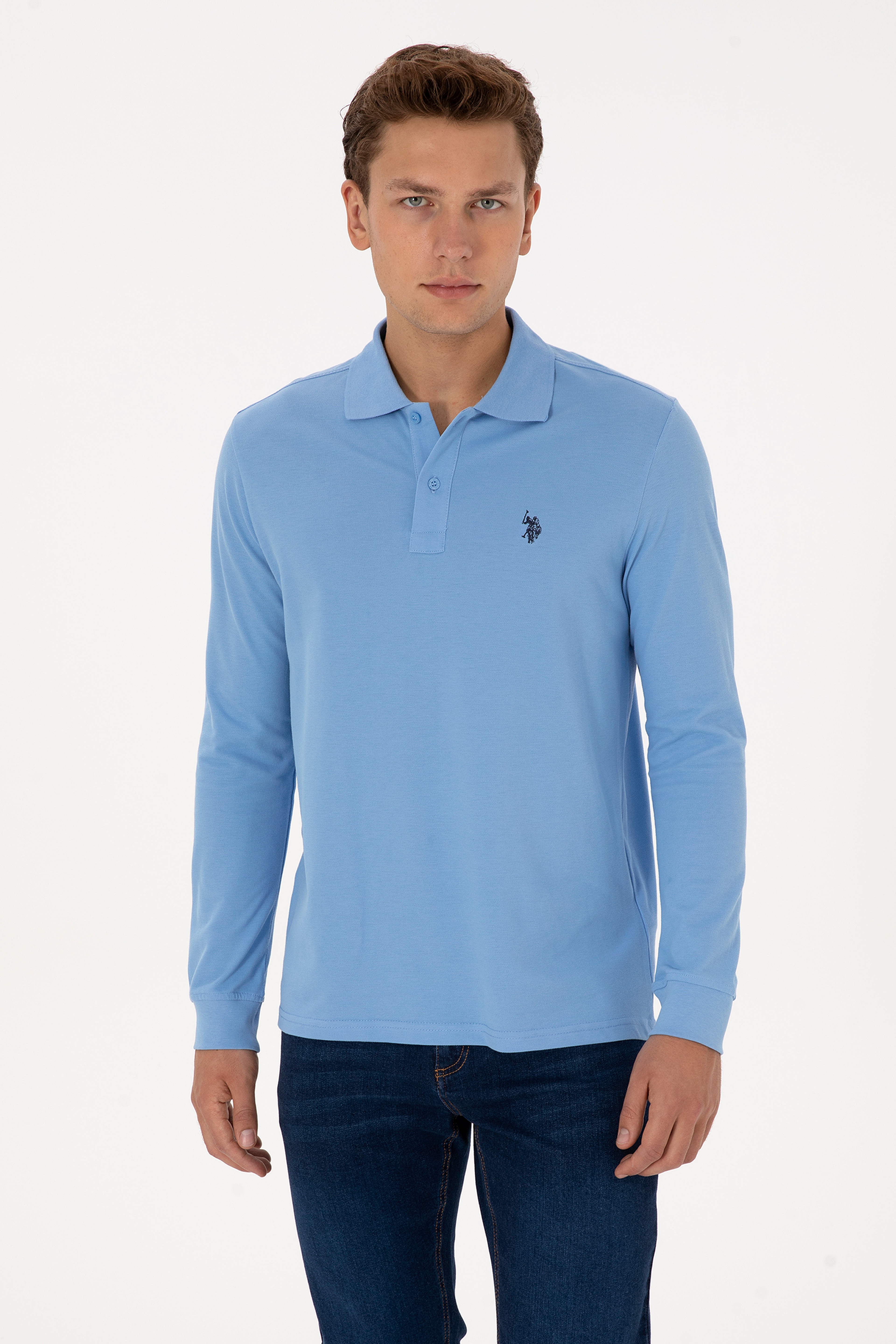 Erkek Regular Fit Polo Yaka Açık Mavi Basic Sweatshirt