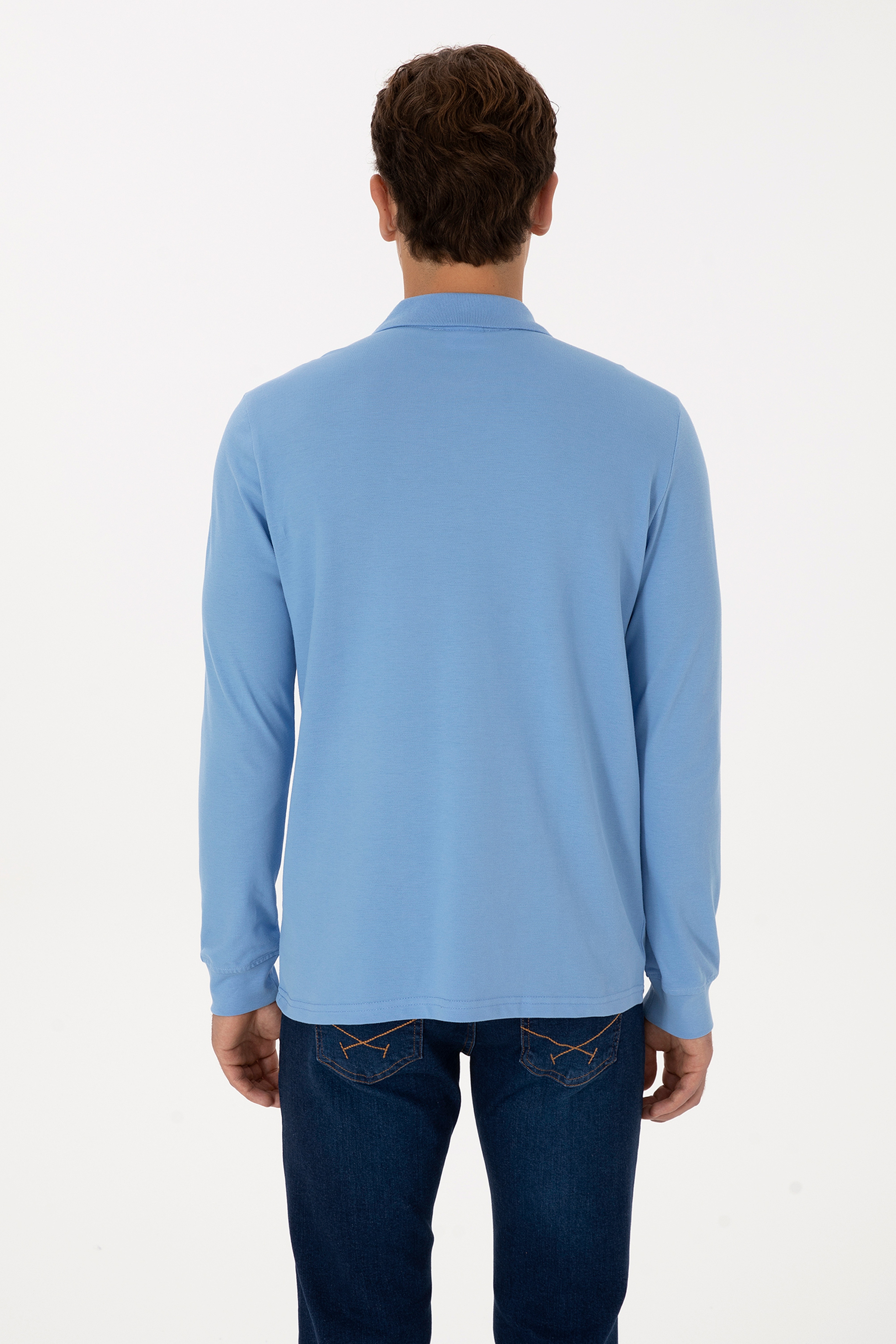 Erkek Regular Fit Polo Yaka Açık Mavi Basic Sweatshirt - Image 5