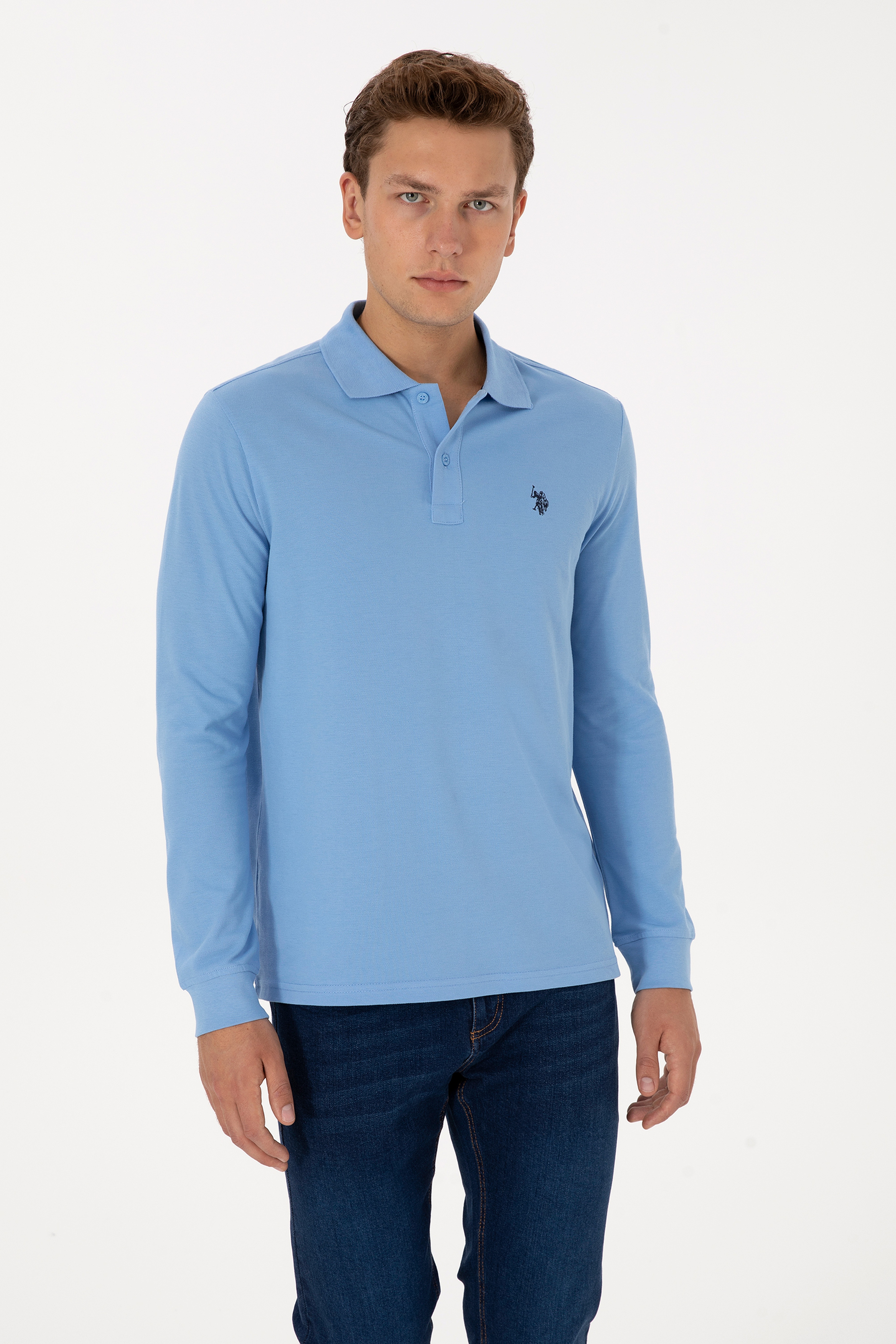 Erkek Regular Fit Polo Yaka Açık Mavi Basic Sweatshirt - Image 3