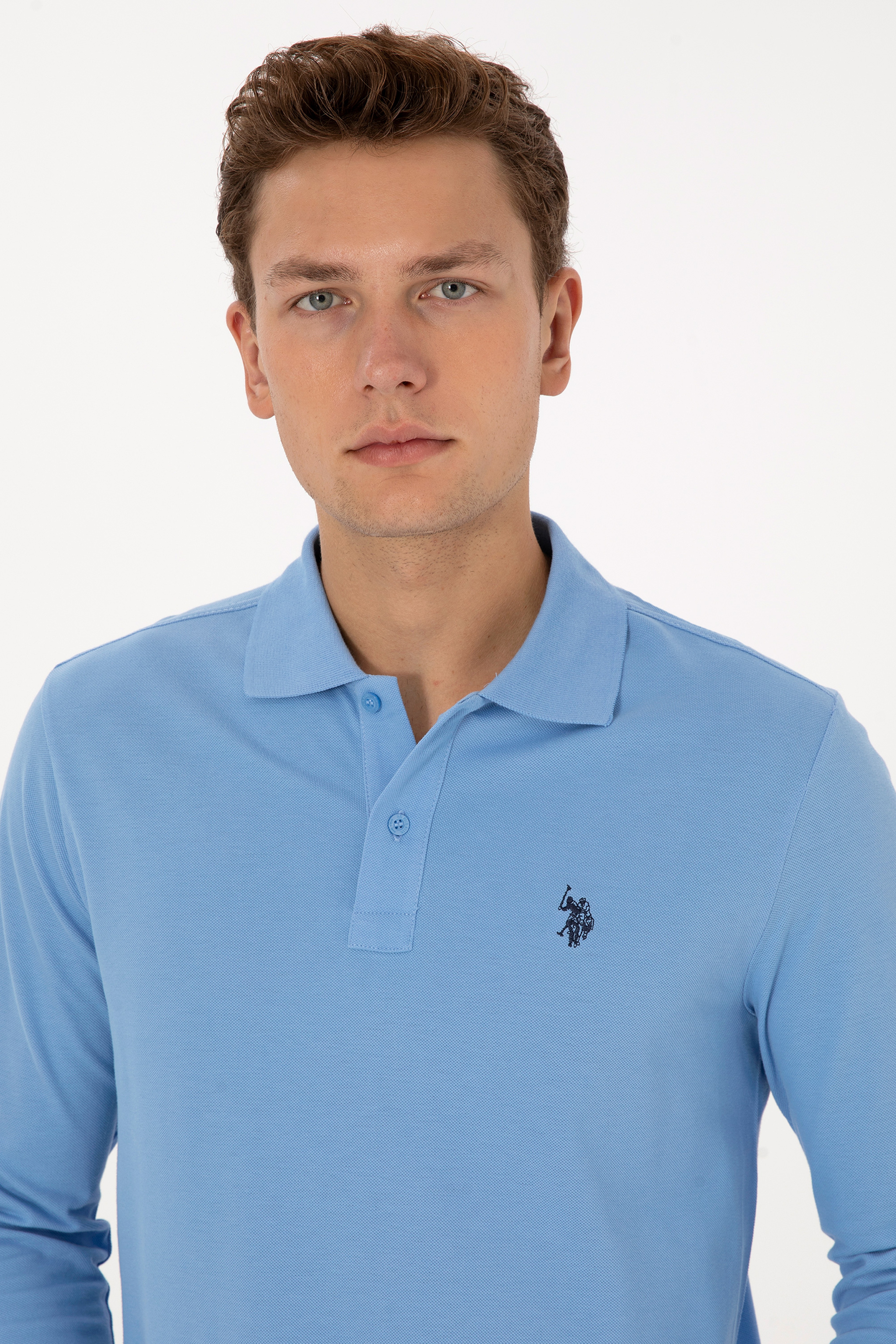 Erkek Regular Fit Polo Yaka Açık Mavi Basic Sweatshirt