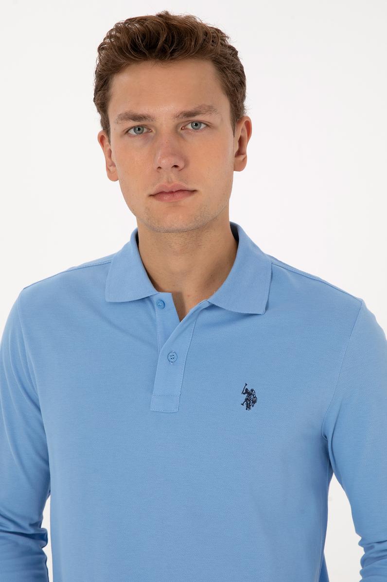 Erkek Regular Fit Polo Yaka Açık Mavi Basic Sweatshirt