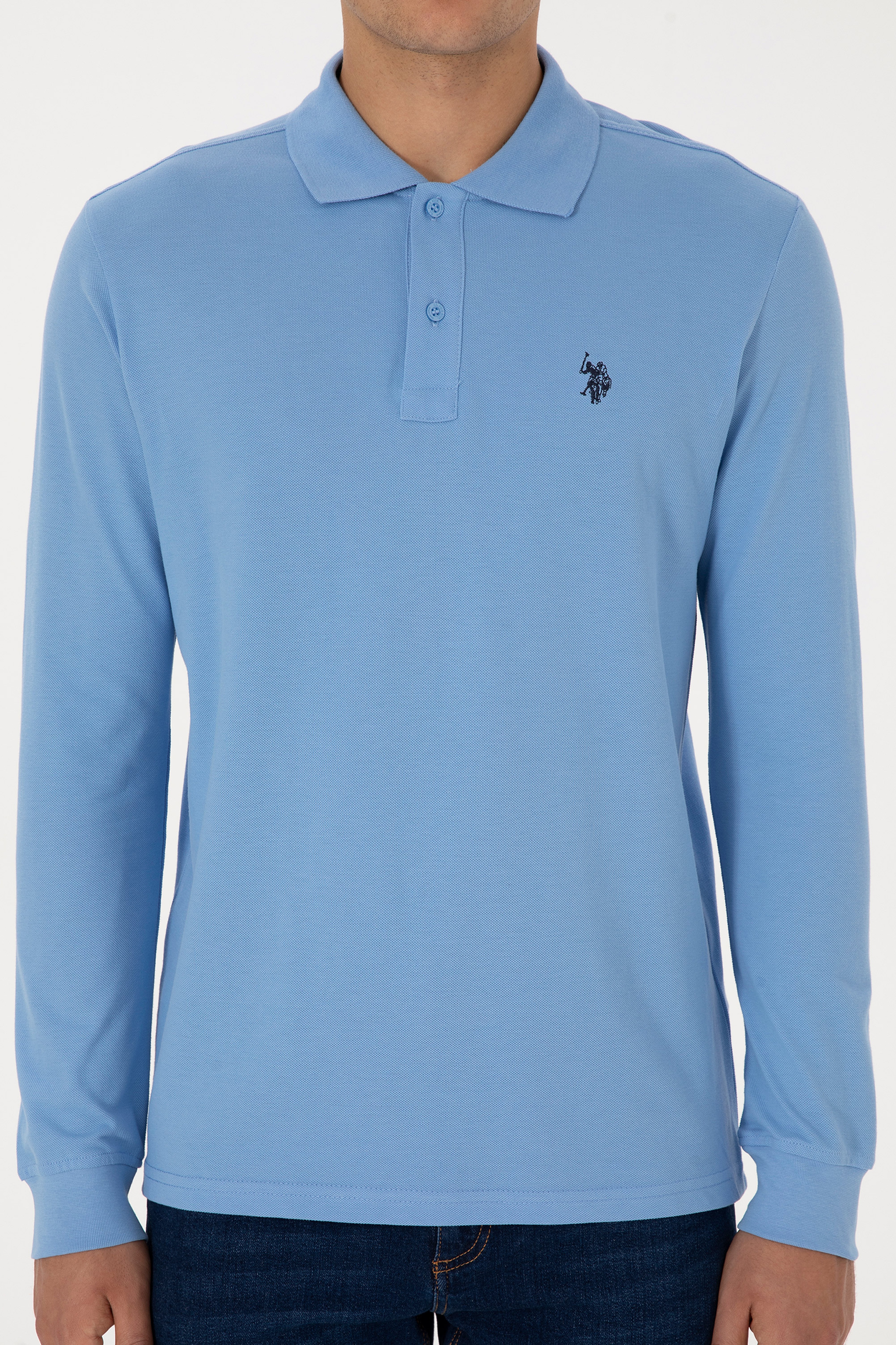 Erkek Regular Fit Polo Yaka Açık Mavi Basic Sweatshirt - Image 6