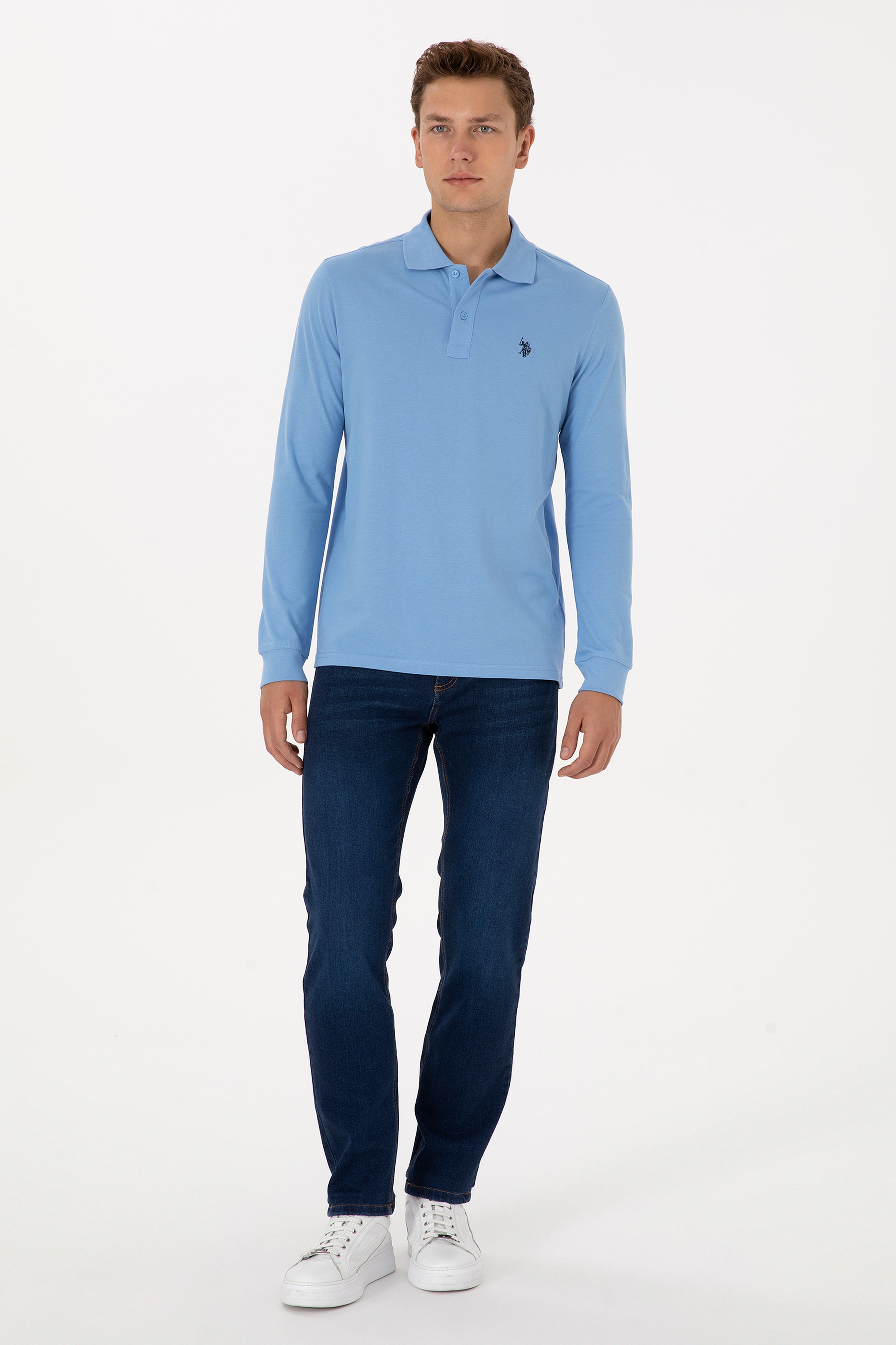 Erkek Regular Fit Polo Yaka Açık Mavi Basic Sweatshirt - Image 4