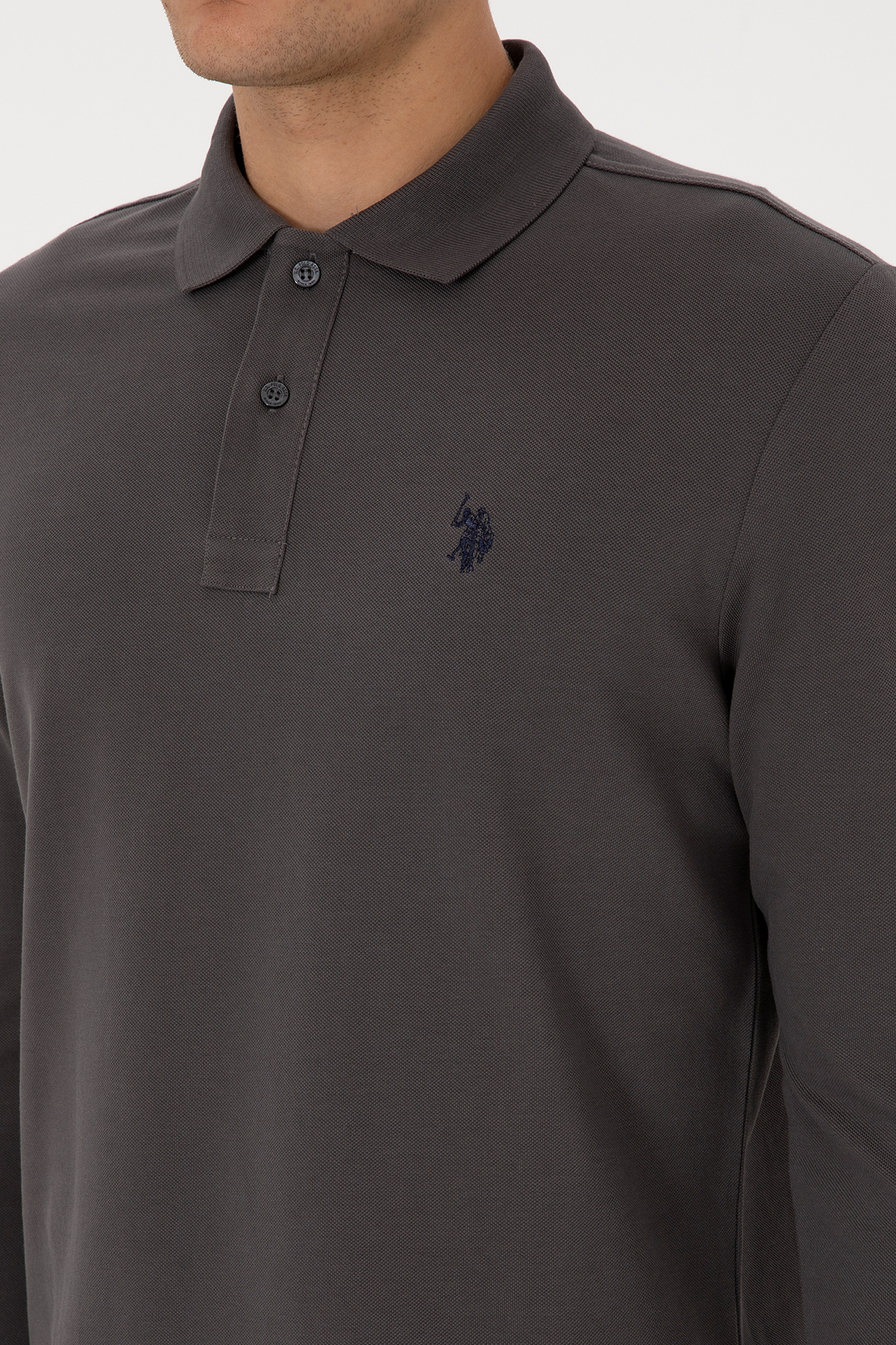 Erkek Regular Fit Polo Yaka Gri Basic Sweatshirt - Image 7