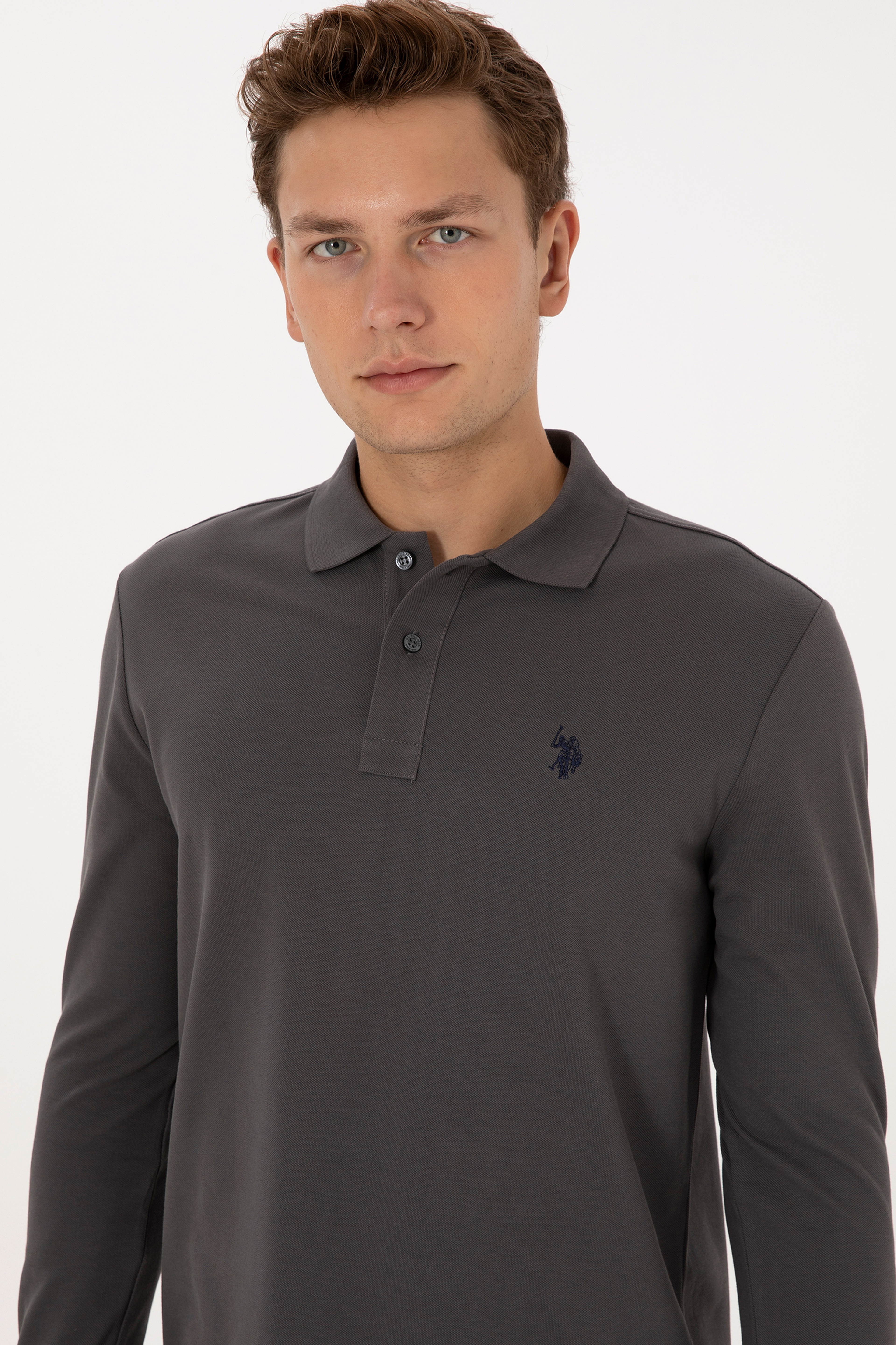 Erkek Regular Fit Polo Yaka Gri Basic Sweatshirt - Image 2