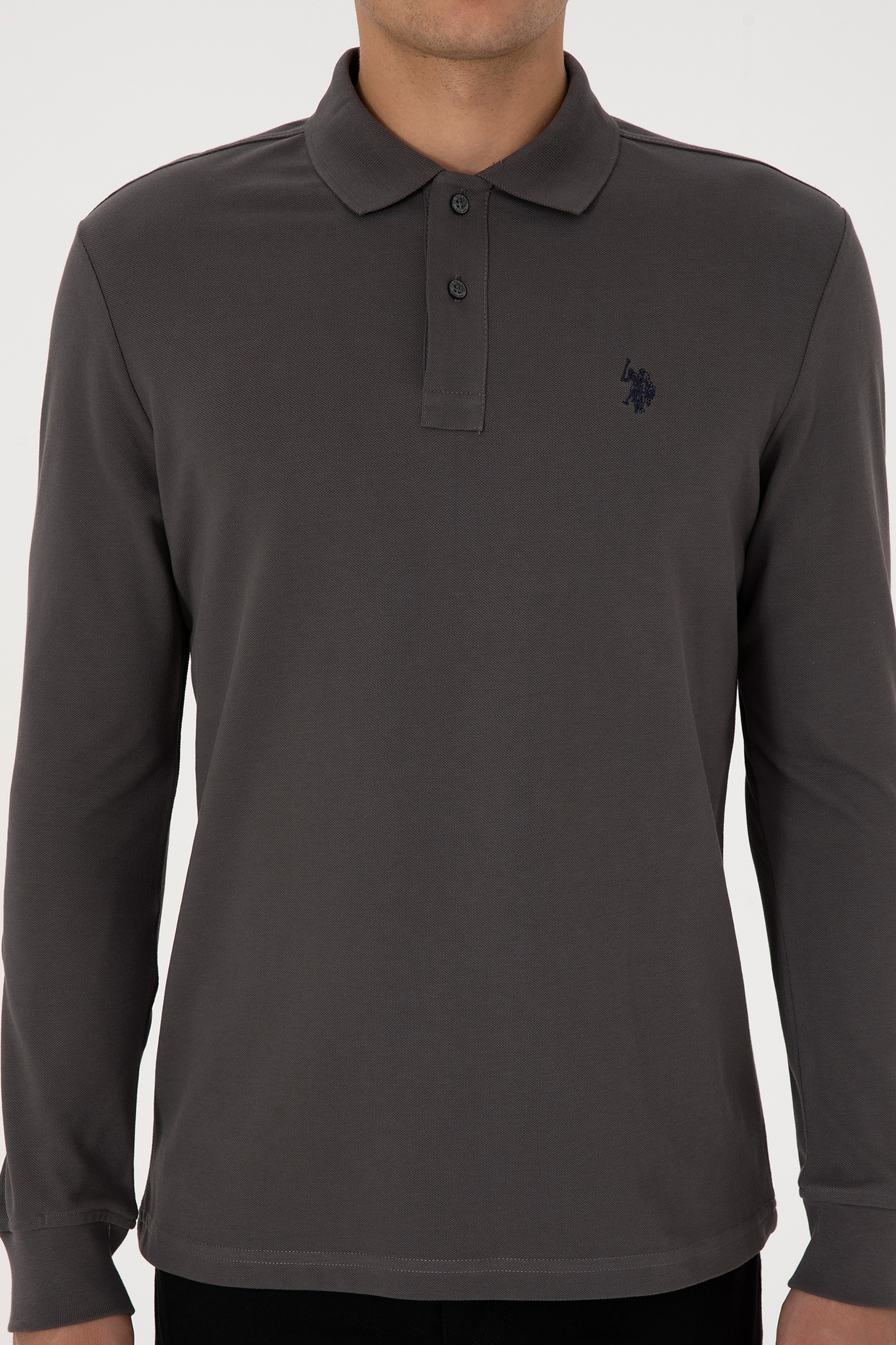 Erkek Regular Fit Polo Yaka Gri Basic Sweatshirt - Image 6