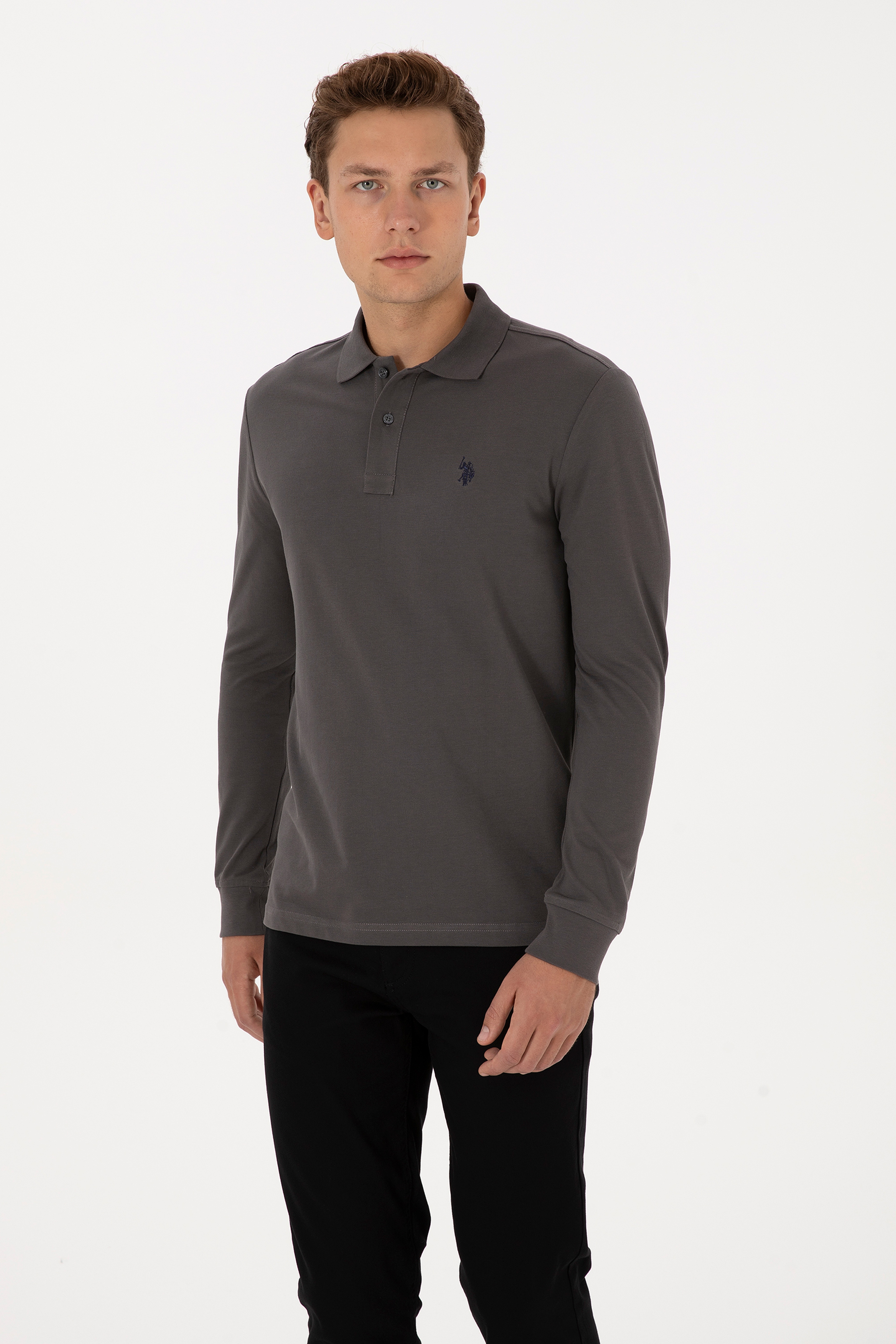 Erkek Regular Fit Polo Yaka Gri Basic Sweatshirt
