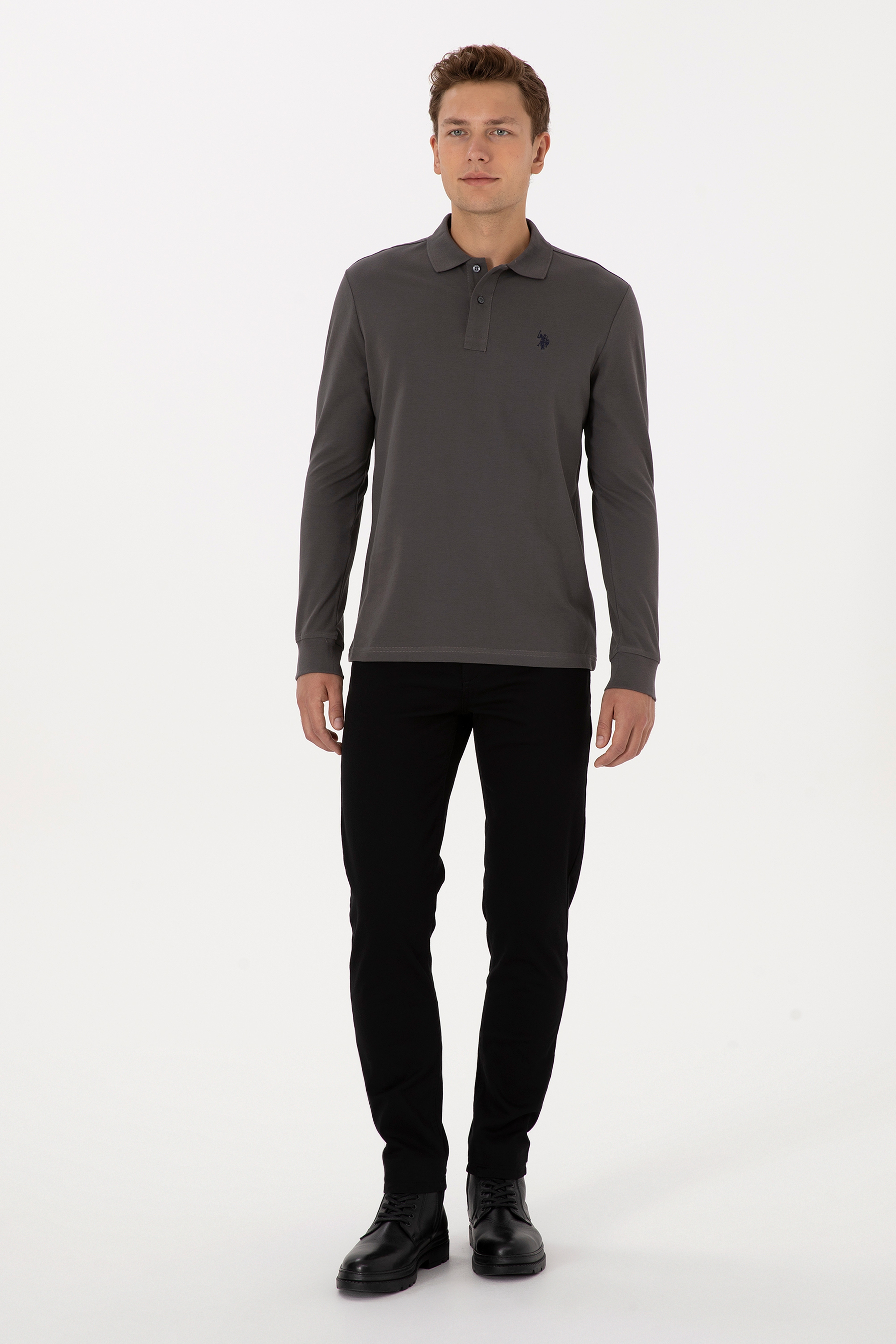 Erkek Regular Fit Polo Yaka Gri Basic Sweatshirt - Image 4