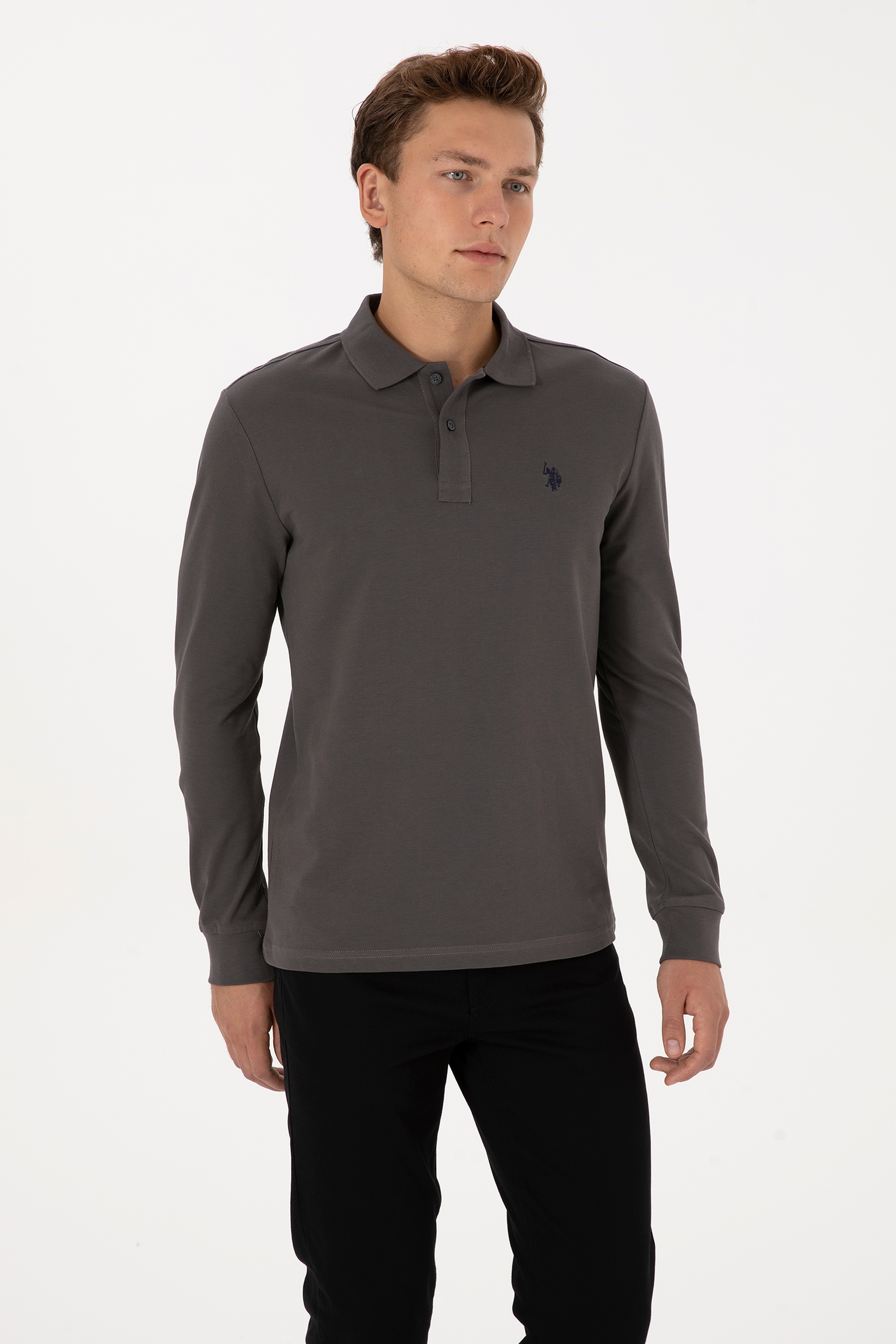 Erkek Regular Fit Polo Yaka Gri Basic Sweatshirt - Image 3