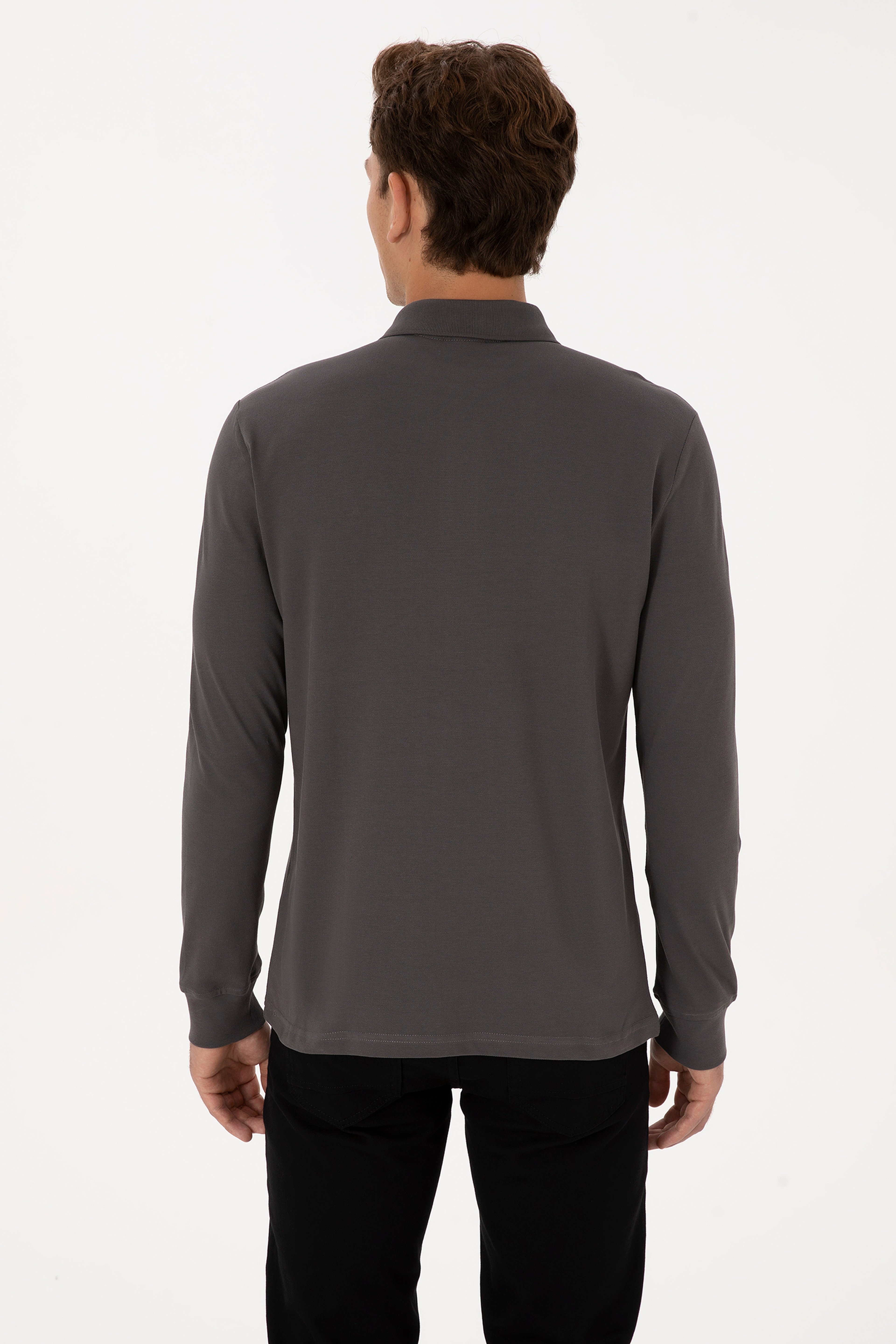 Erkek Regular Fit Polo Yaka Gri Basic Sweatshirt - Image 5