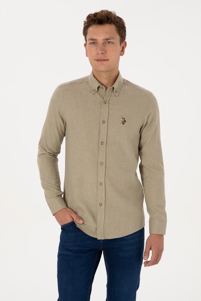 Erkek Açık Haki Uzun Kollu Basic Gömlek