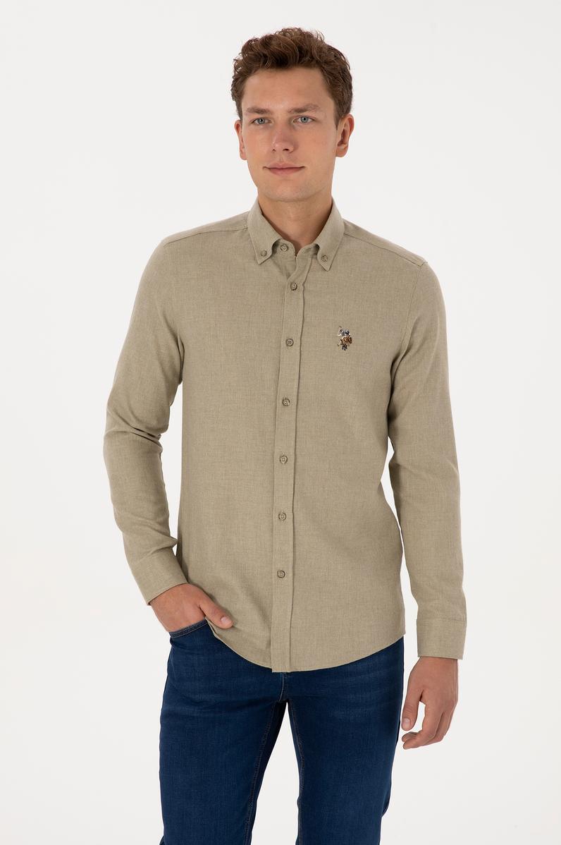 Erkek Açık Haki Uzun Kollu Basic Gömlek