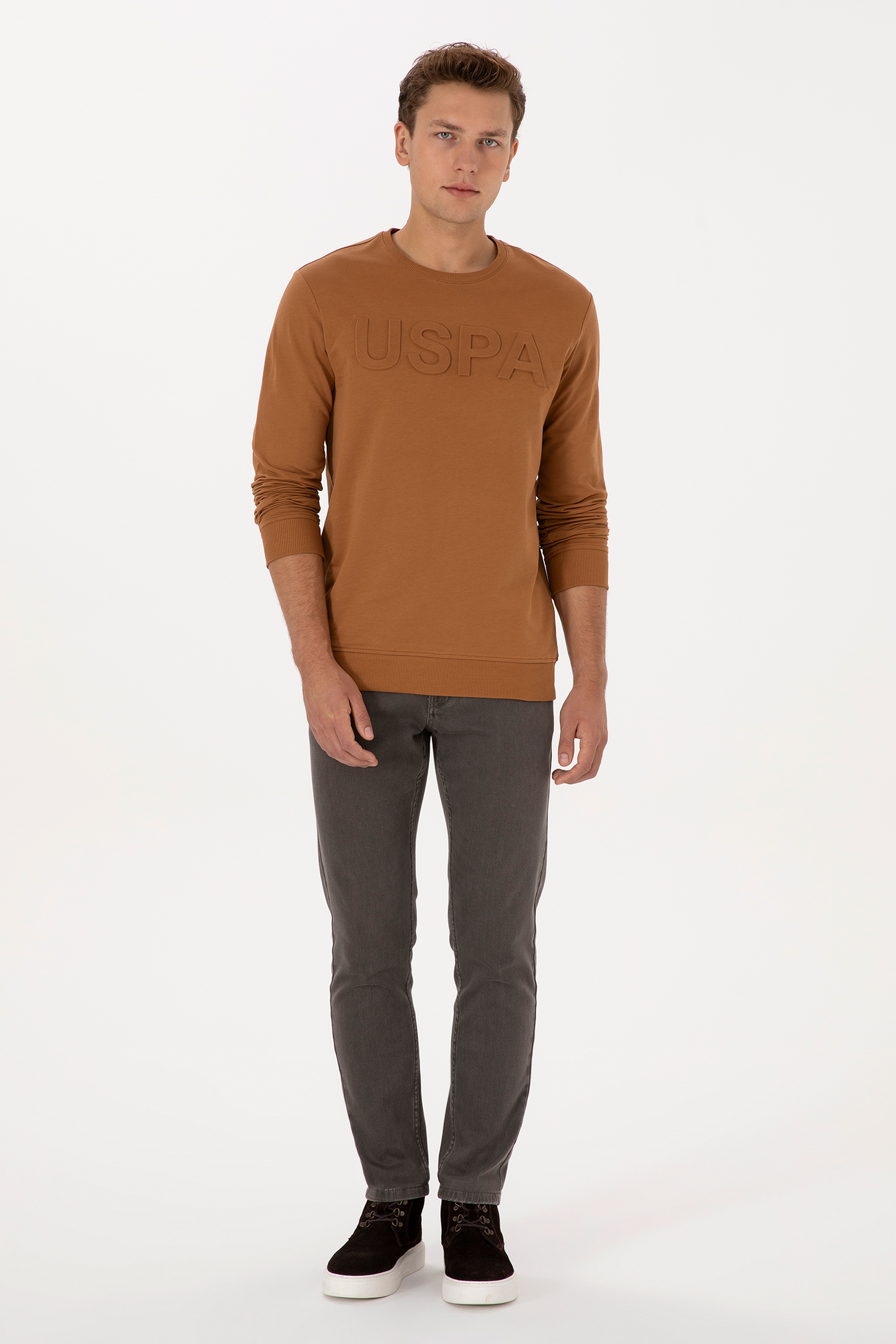 Erkek Regular Fit Bisiklet Yaka Camel Basic Sweatshirt - Image 4