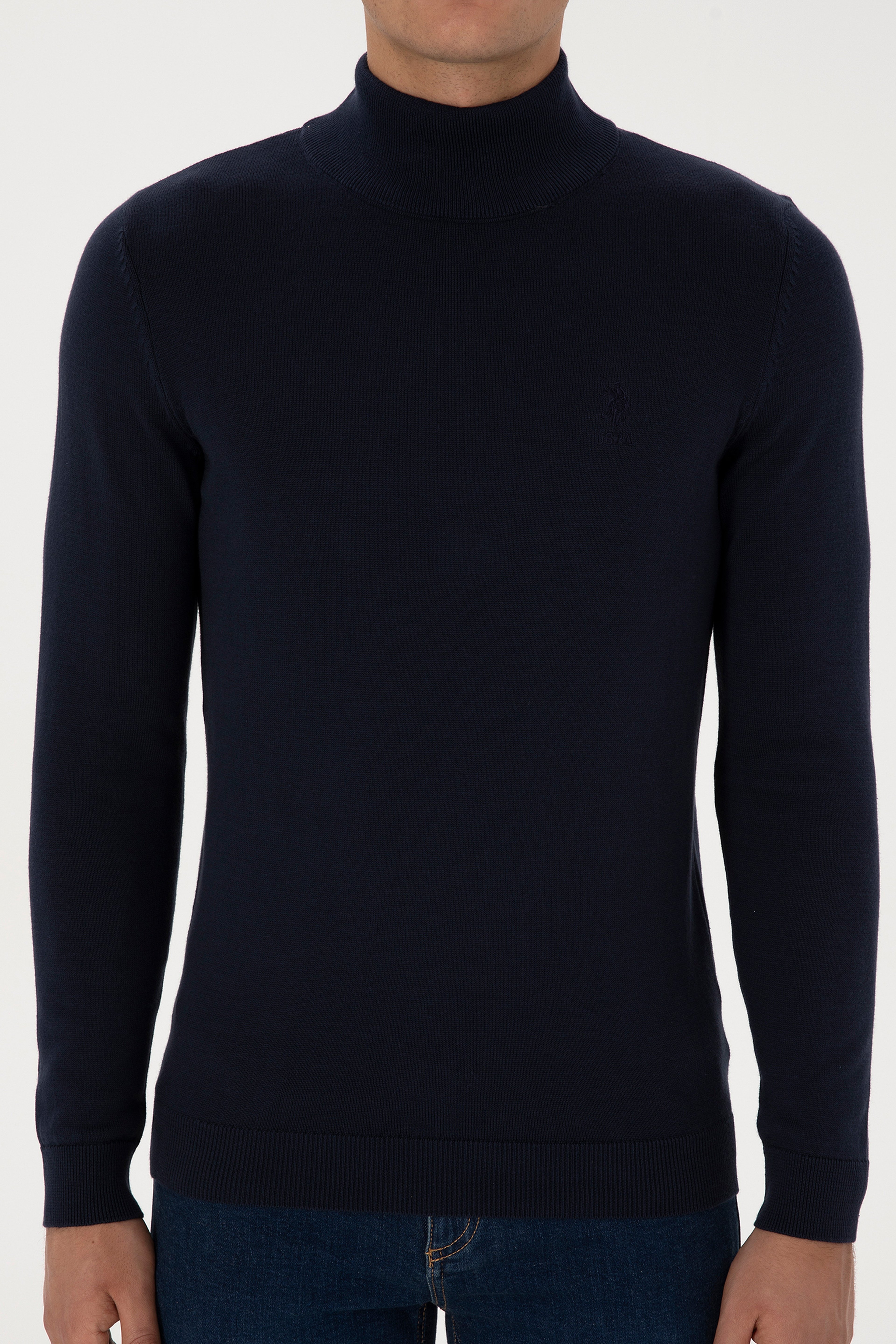 Erkek Slim Fit Yarım Balıkçı Yaka Lacivert Basic Kazak