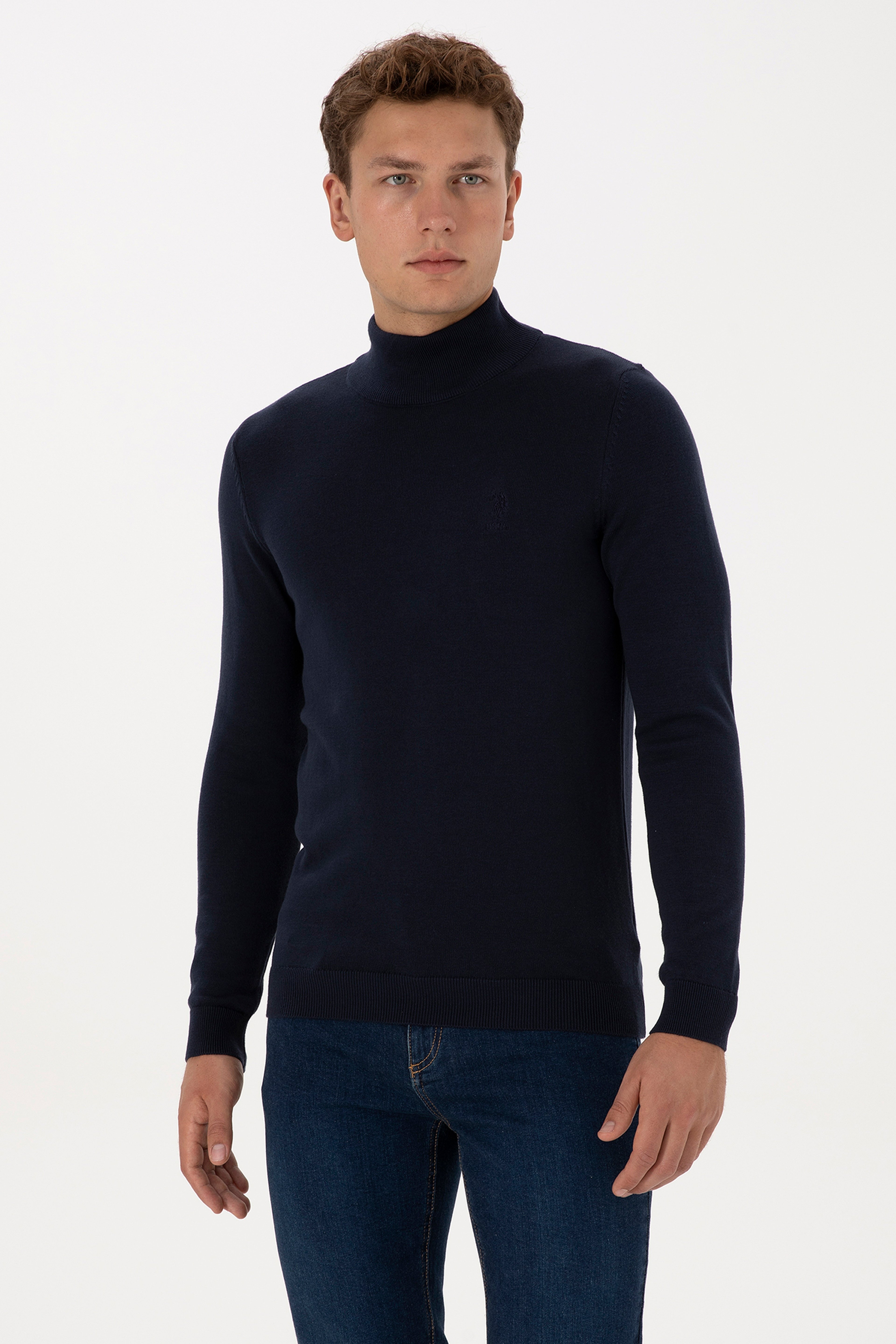 Erkek Slim Fit Yarım Balıkçı Yaka Lacivert Basic Kazak - Image 3