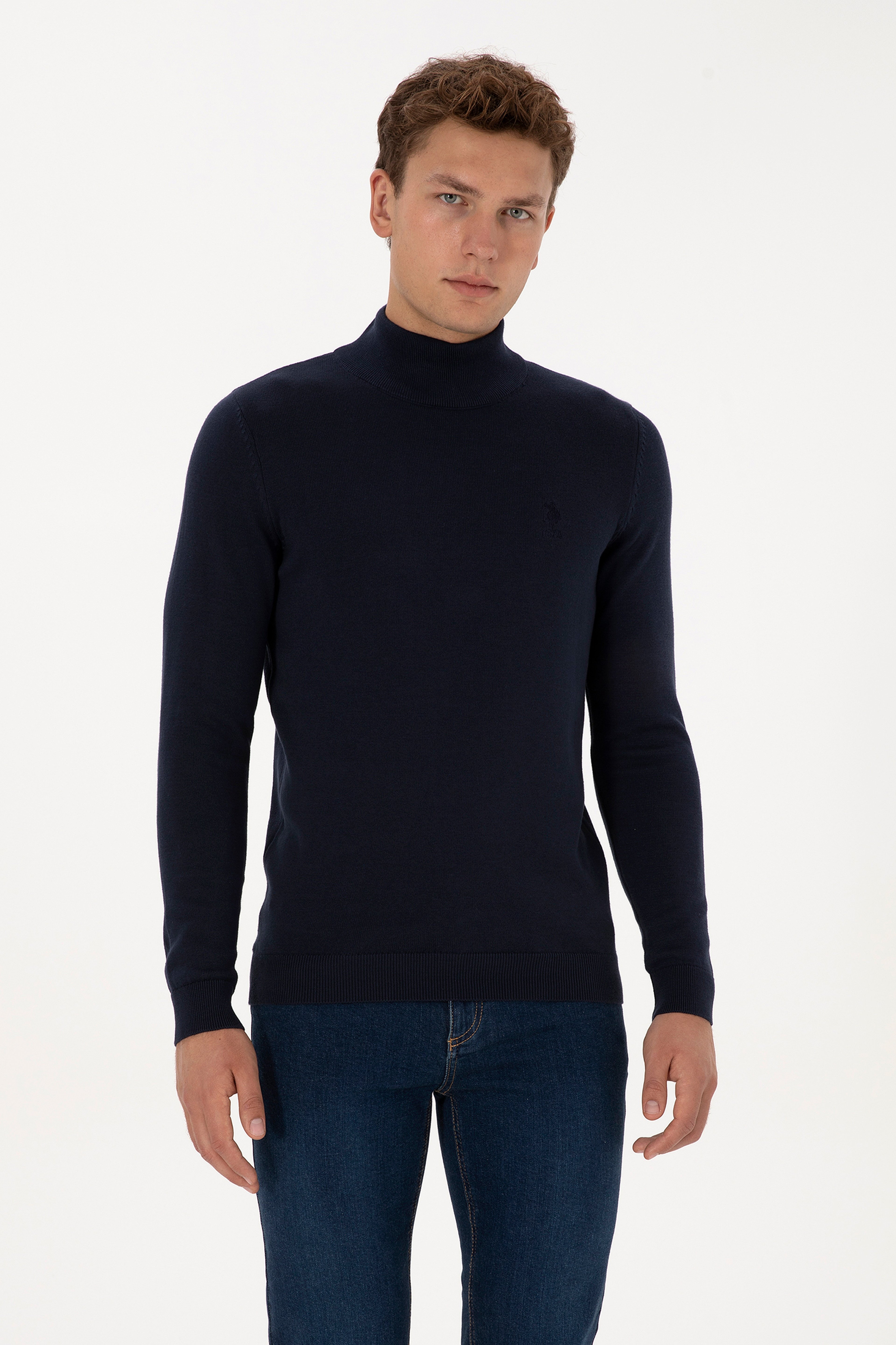 Erkek Slim Fit Yarım Balıkçı Yaka Lacivert Basic Kazak - Image 1