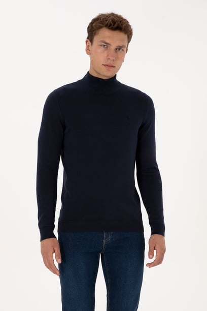 Erkek Slim Fit Yarım Balıkçı Yaka Lacivert Basic Kazak