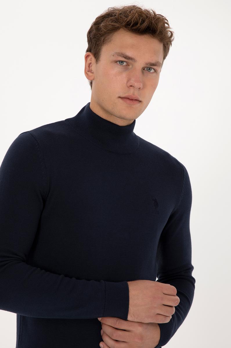 Erkek Slim Fit Yarım Balıkçı Yaka Lacivert Basic Kazak