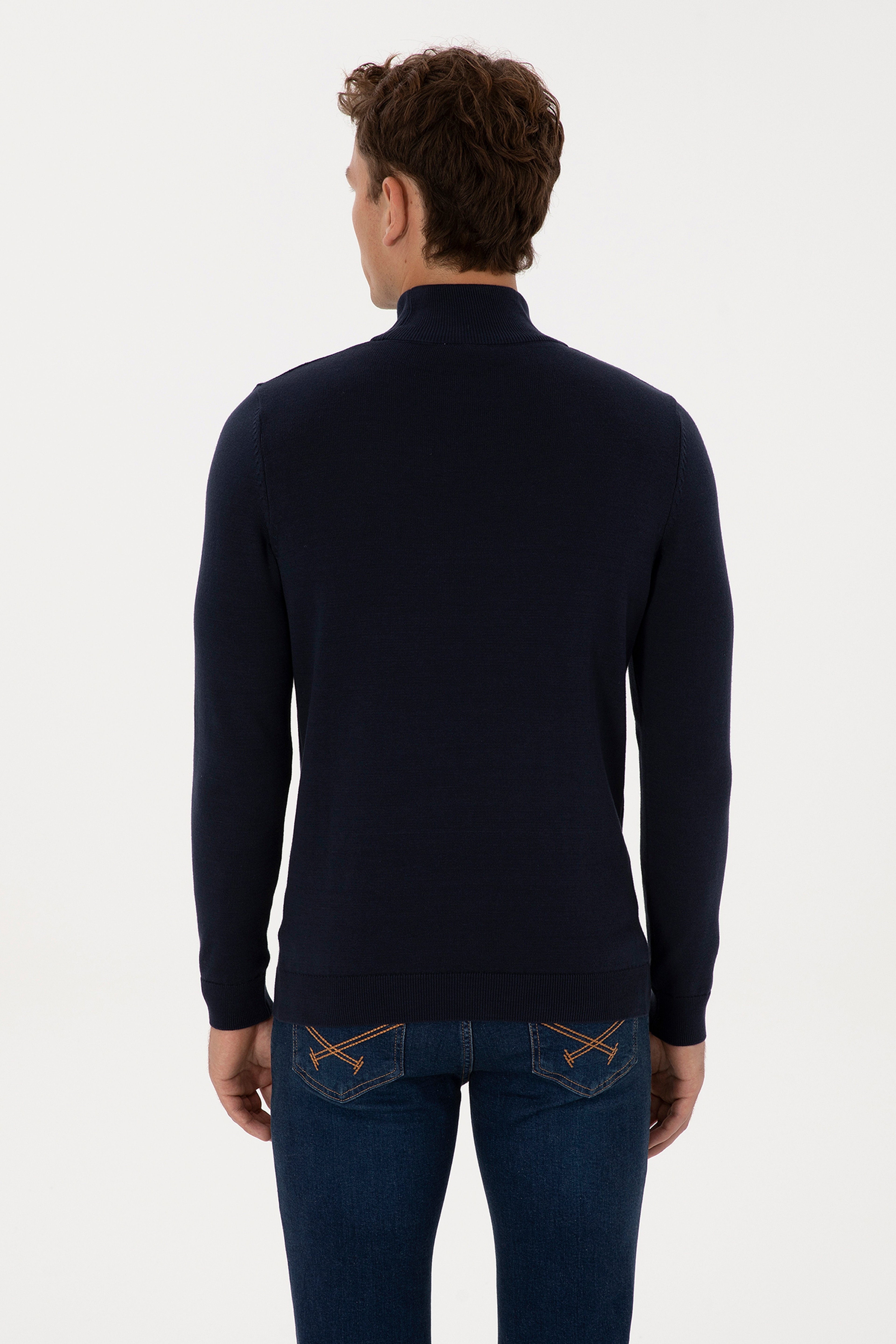Erkek Slim Fit Yarım Balıkçı Yaka Lacivert Basic Kazak